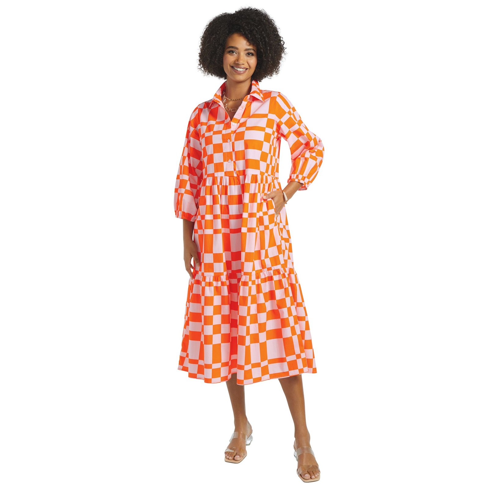 Masseys Puff Sleeve Shirt Dress Multi Orange Dresses 3X