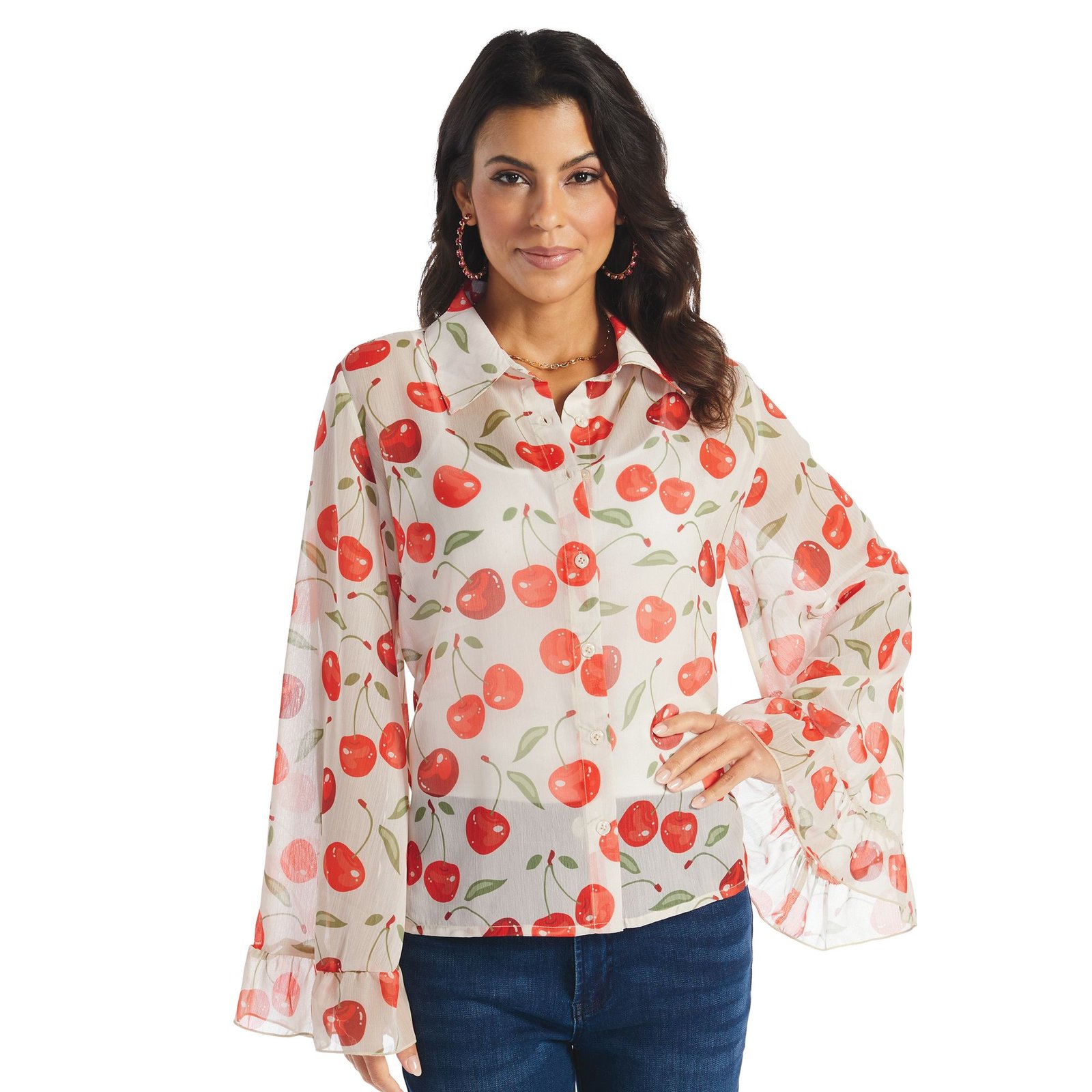 Masseys Ruffle Bell Sleeve Blouse Multi Red Shirts 2X
