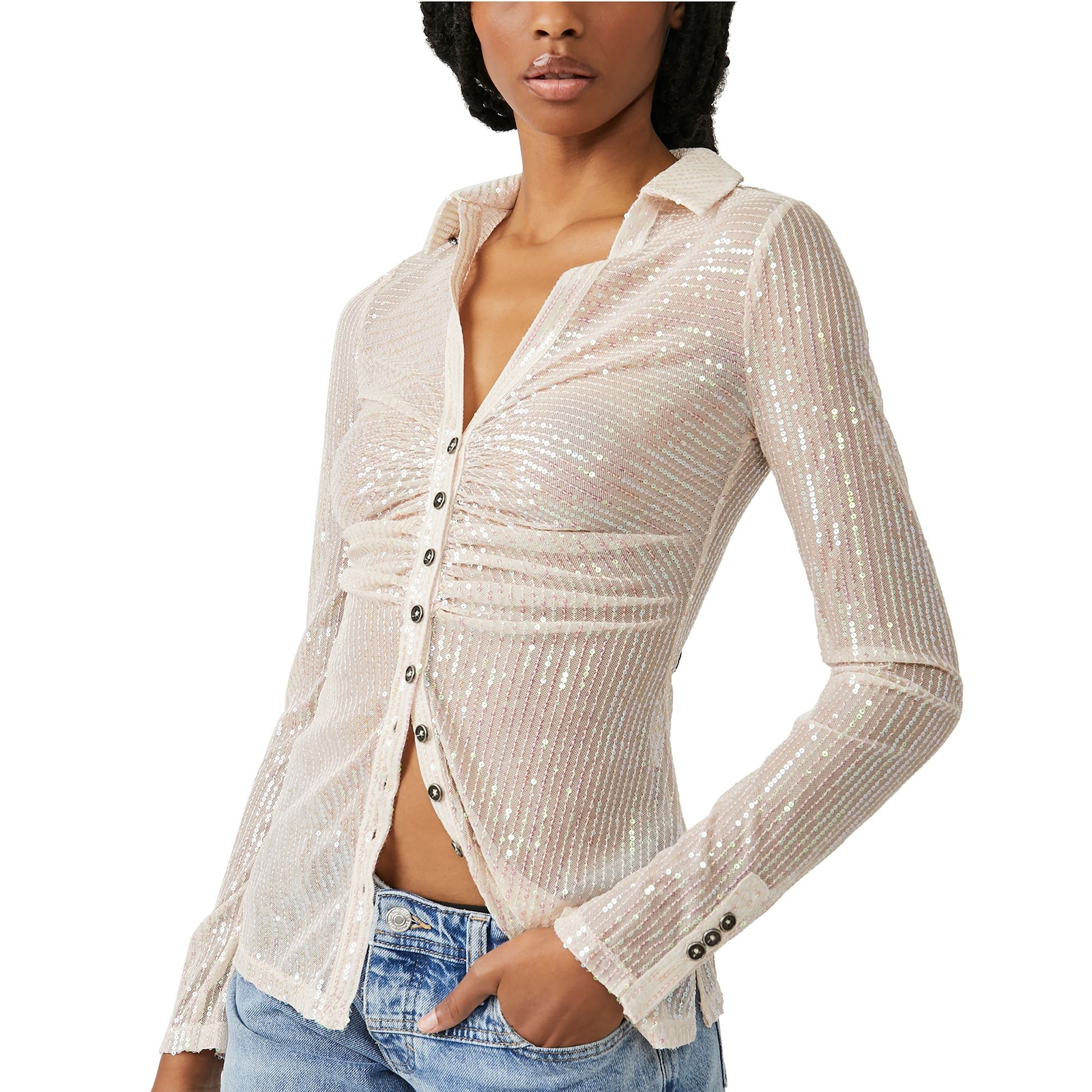 Free People Women's Sequin Shirtee Bone Shirts L