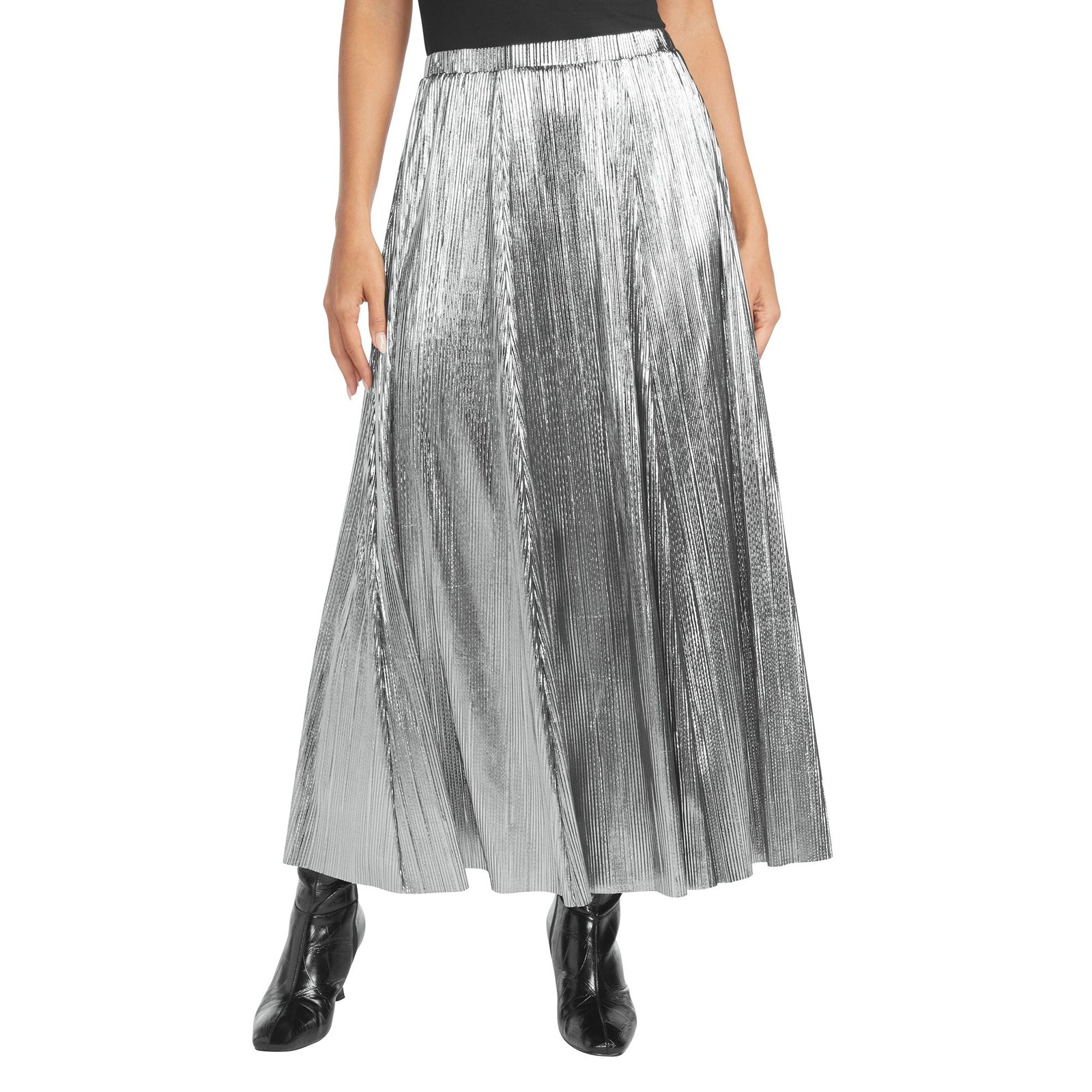 Masseys Metallic Pleated Midi Skirt Metallic Silver Skirts