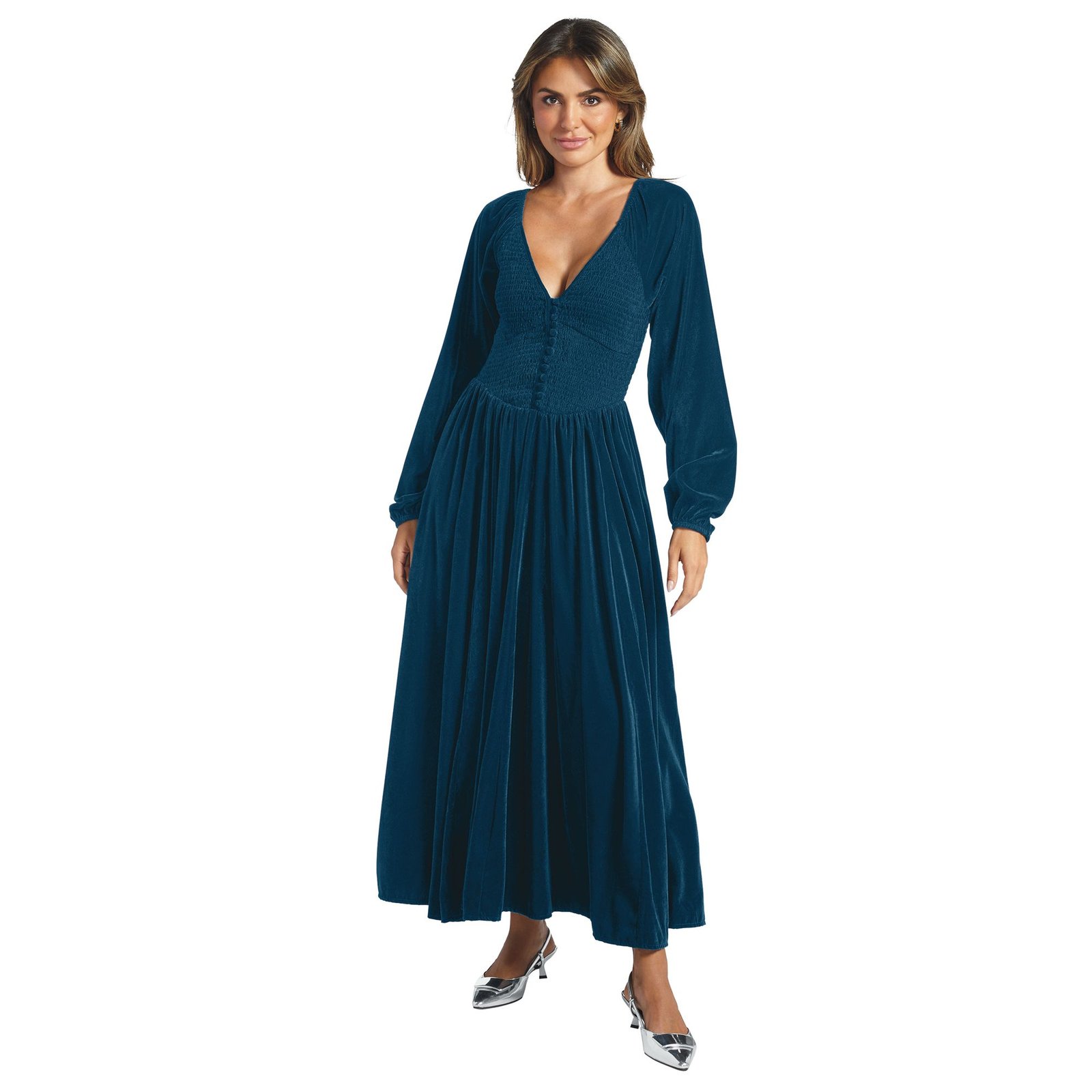 Masseys Velvet Long Sleeve Maxi Dress S Women's Blue Opal