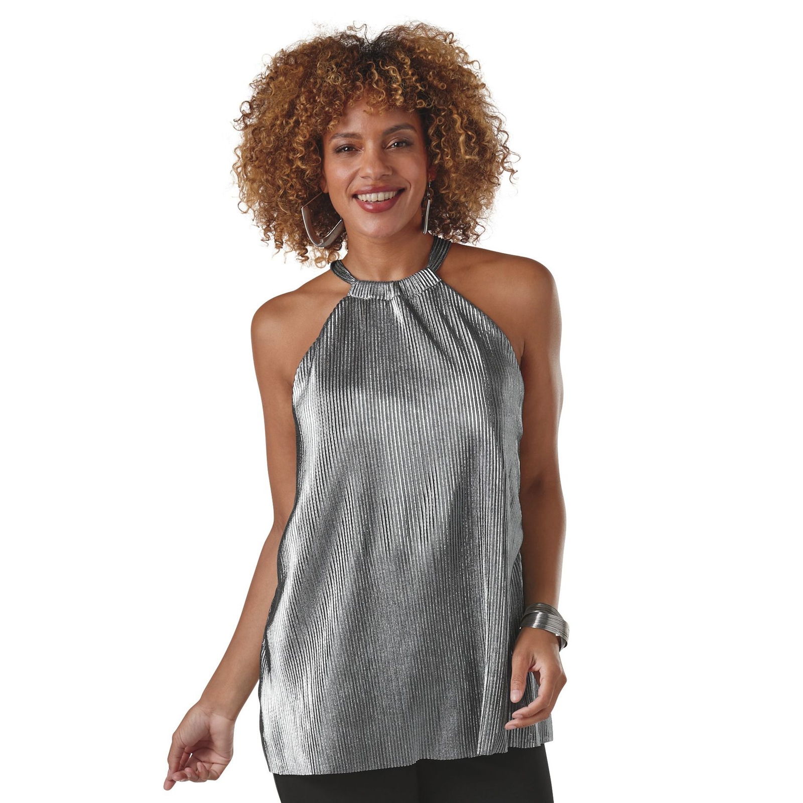K Jordan Metallic Pleated High-Neck Tank Silver Metallic Shirts L