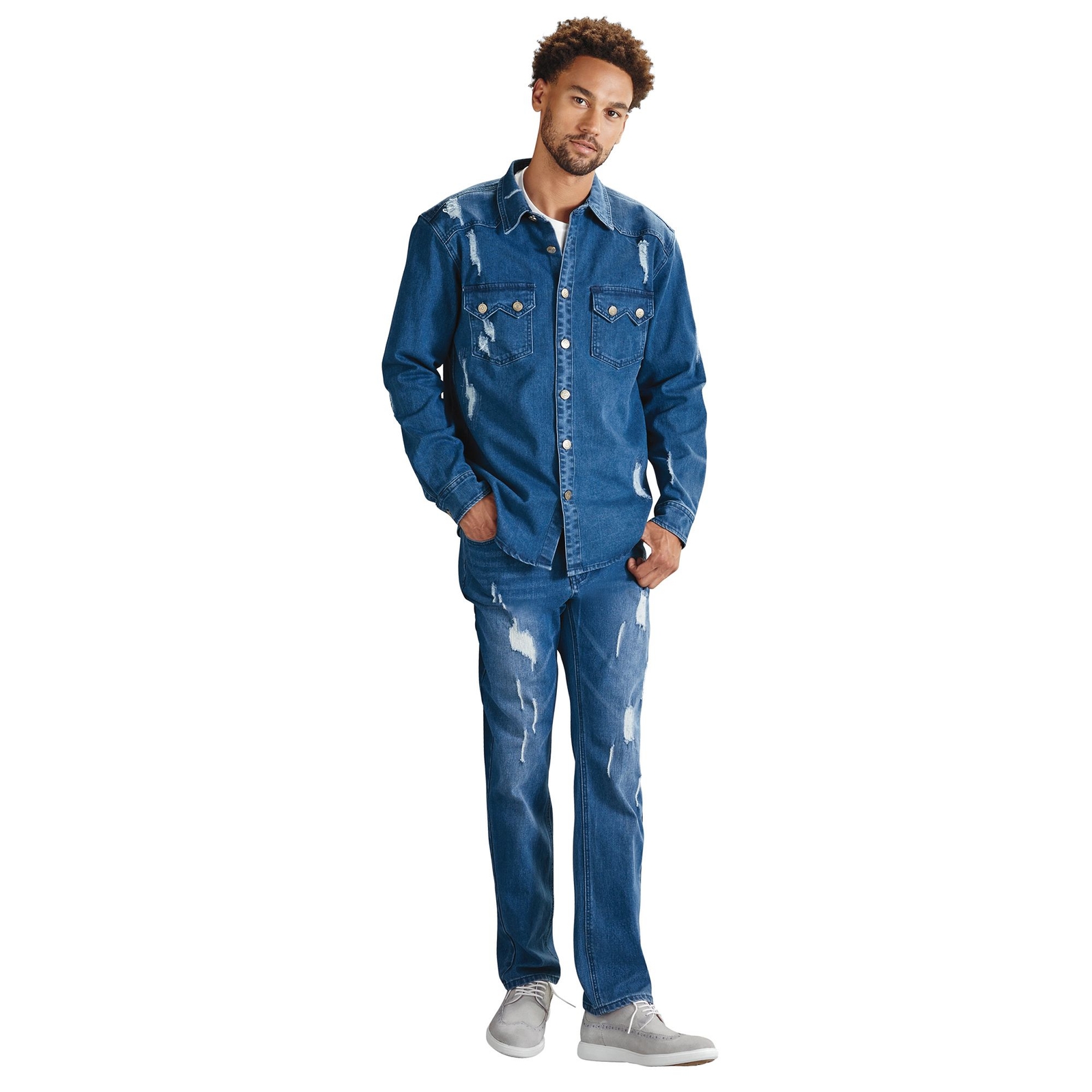 Stacy Adams Men's Destructed Denim Set Blue Sets L