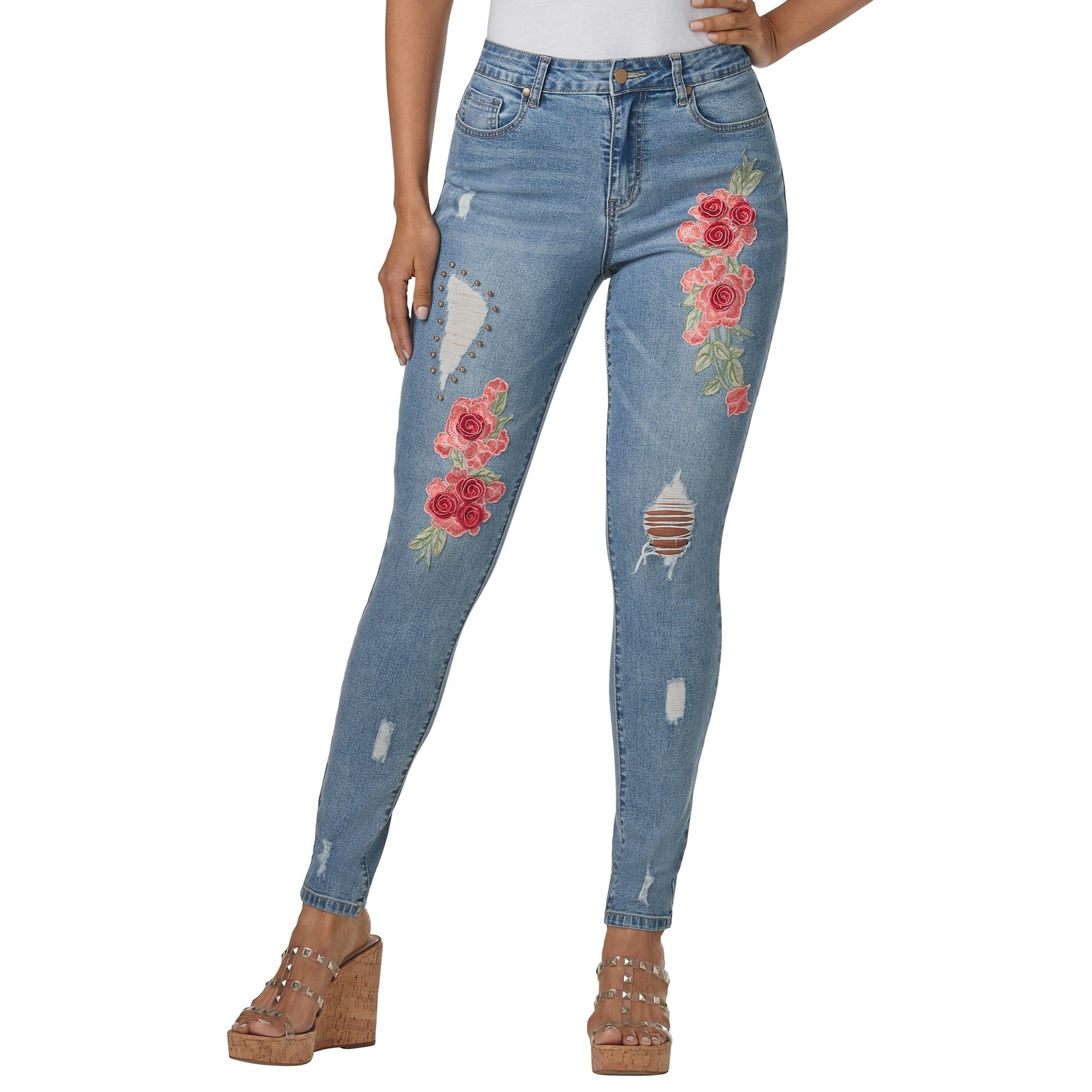 Masseys Floral AppliquÃ© Denim Jean Multi Pants 6-Regular