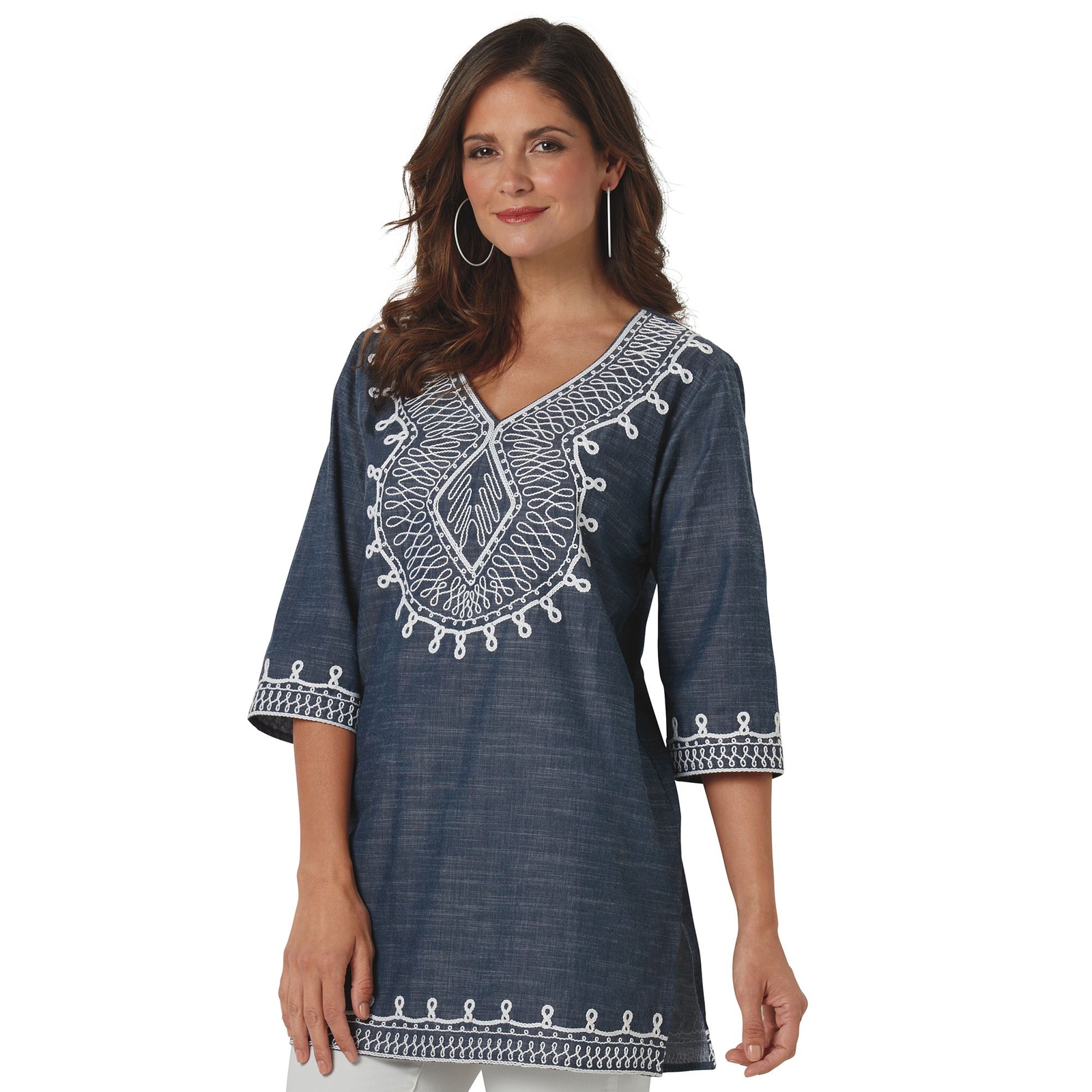 Masseys Embroidered Tunic Blue Shirts M