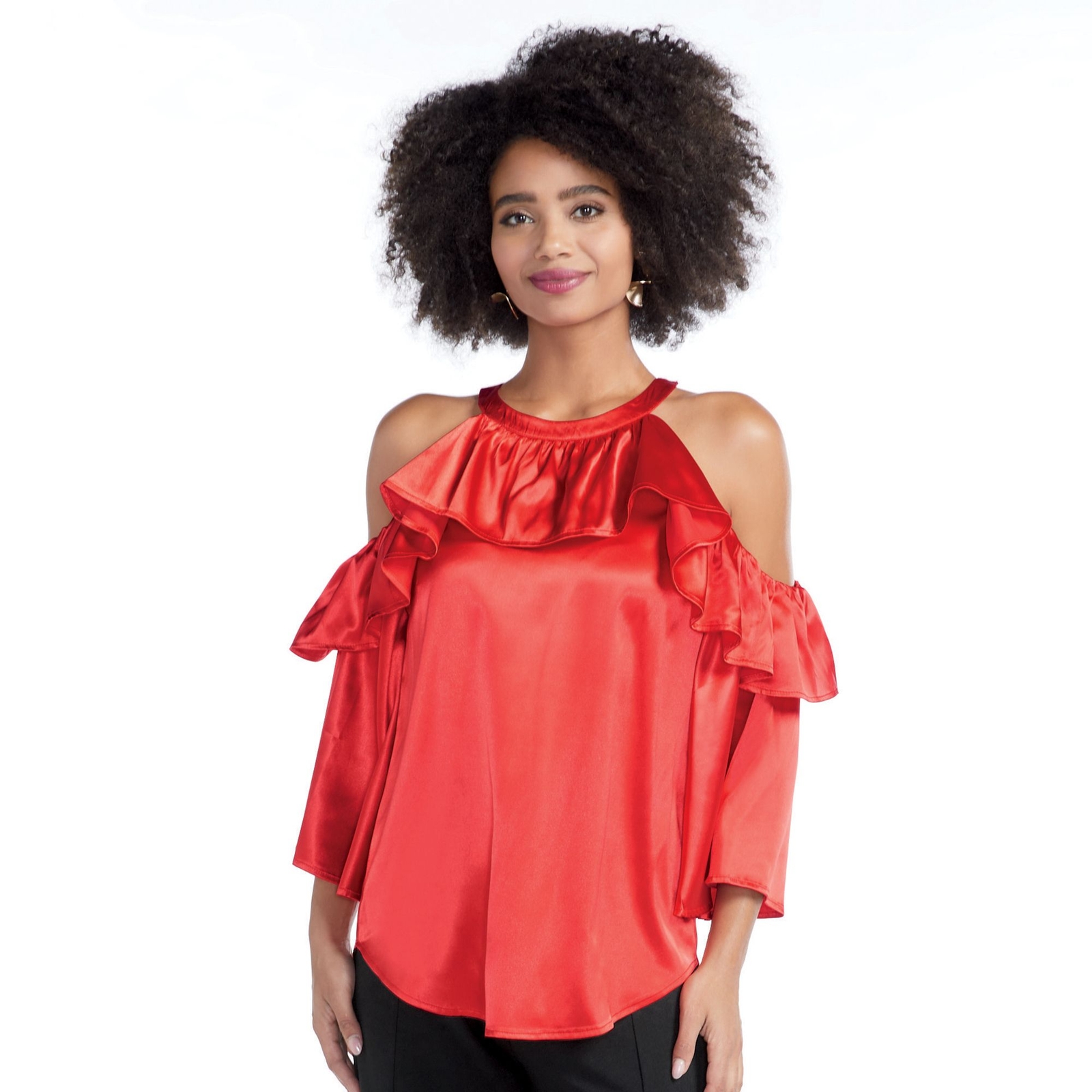 Masseys Ruffle Cold Shoulder Top Red Shirts 5X