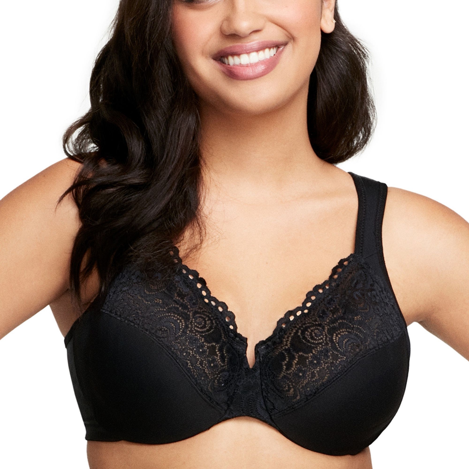 Glamorise Low Cut Wonderwire Back Close Lace Bra Black Bras 44-D
