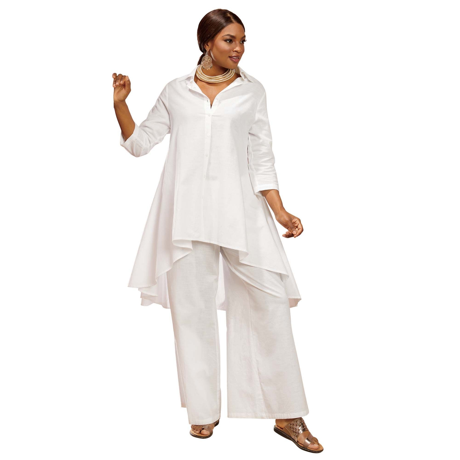 Masseys Flowy Shirt Pant Set White Sets 3X