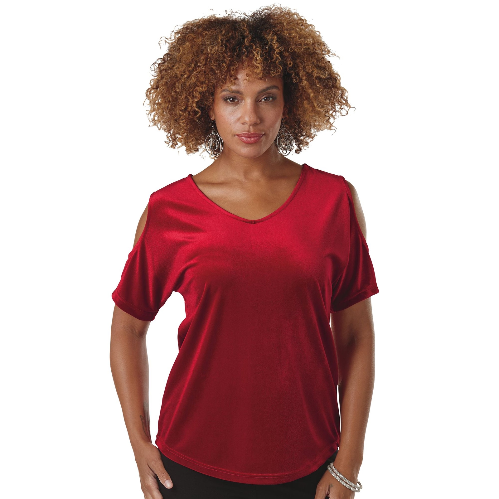 K. Jordan Velvet Cold Shoulder Top Red Knit Tops M
