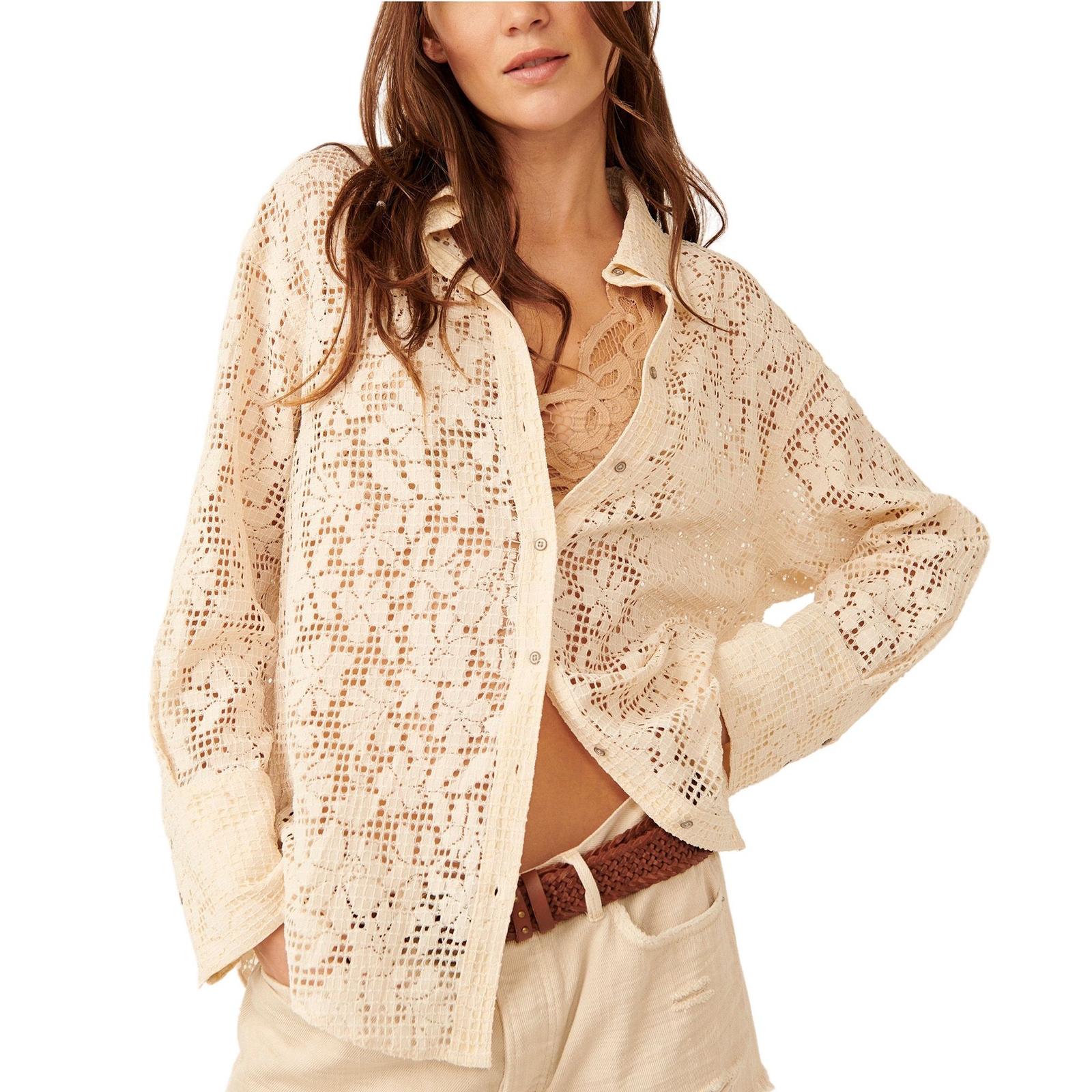 Free People Women's In Your Dreams Lace Buttondown Green Shirts XS