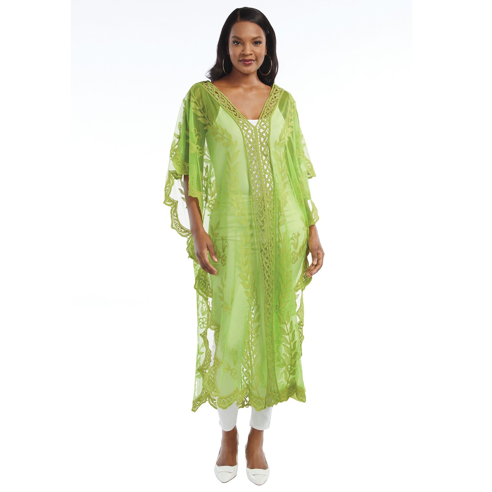 Masseys Embroidered Layering Kaftan Green Knit Tops One Size (Regular)
