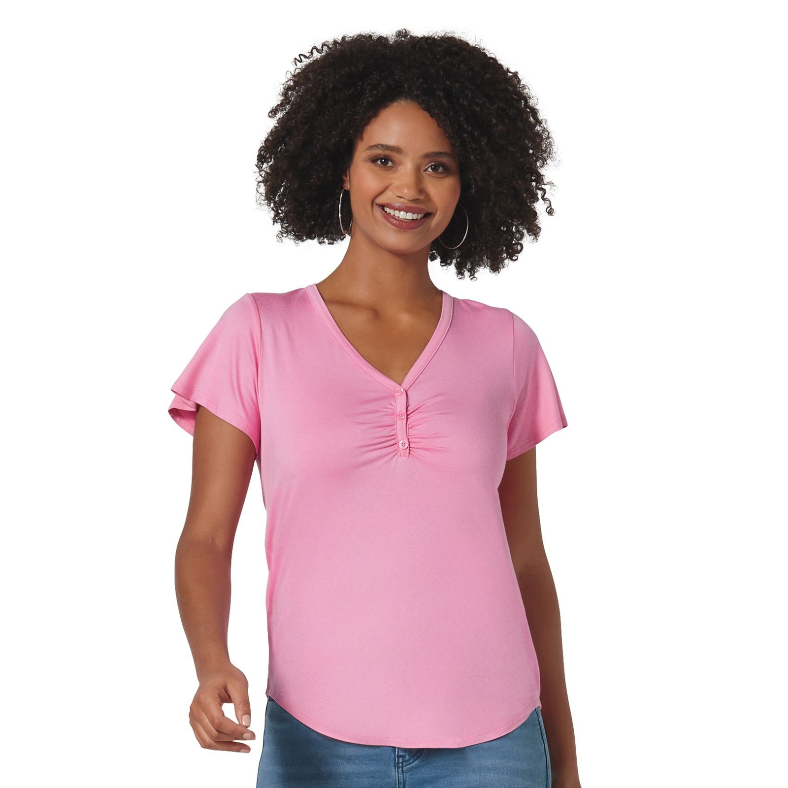 Masseys Flutter-Sleeve Henley Pink Knit Tops L