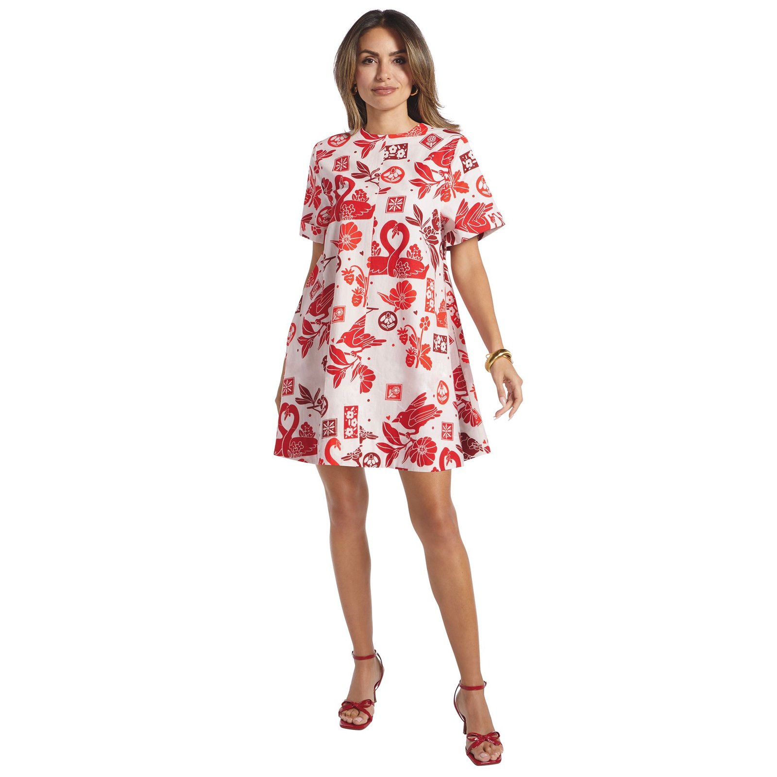 Masseys Go-To Short-Sleeve Shirt Dress Multi Red Dresses 2X