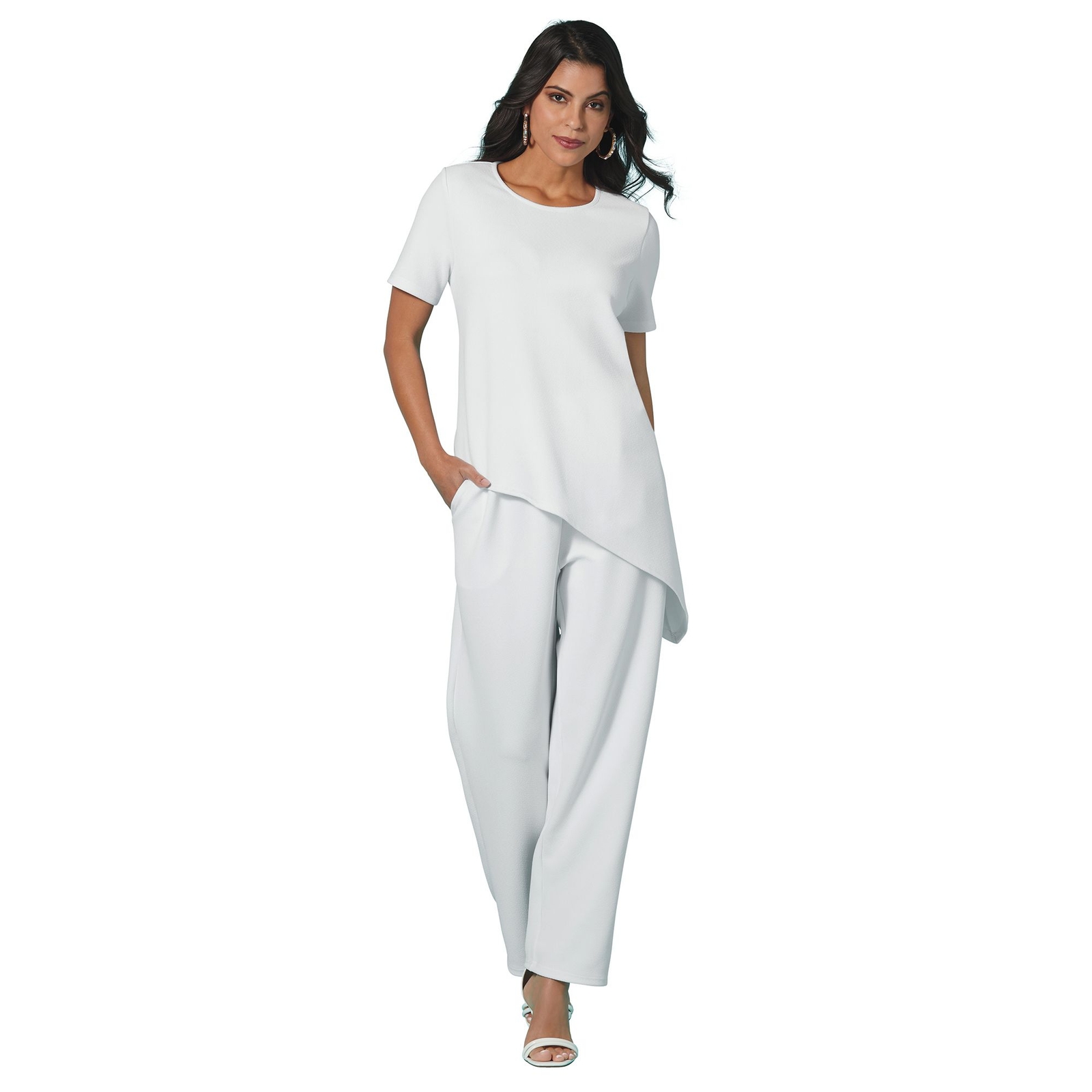 Masseys Asymmetric Hem Short Sleeve Pant Set White Sets 5X