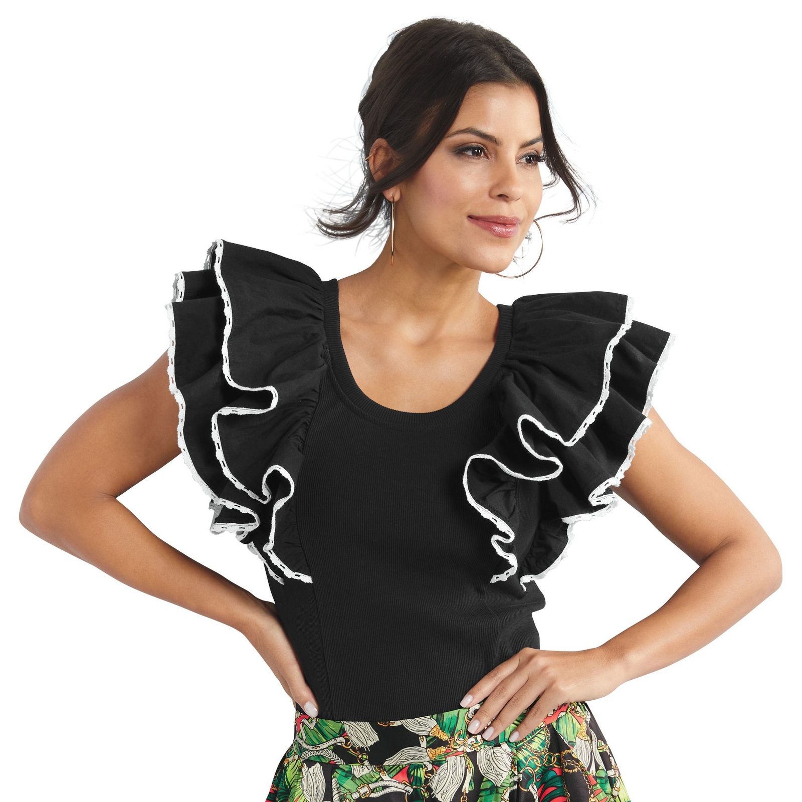 Masseys Ribbed Contrast Trim Ruffle Sleeve Top Black Knit Tops 4X