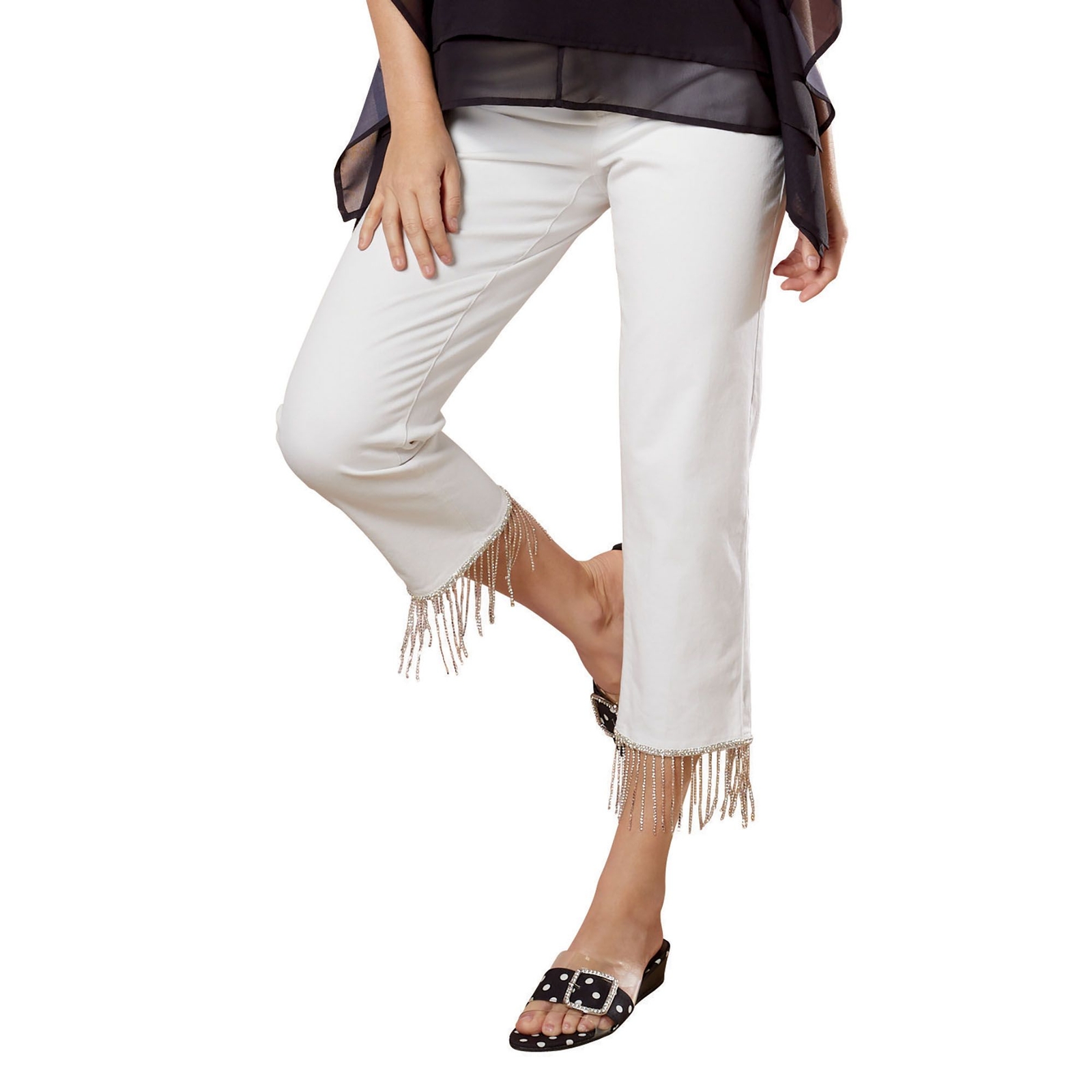 Masseys Rhinestone Fringe Capris White Pants 16-Regular