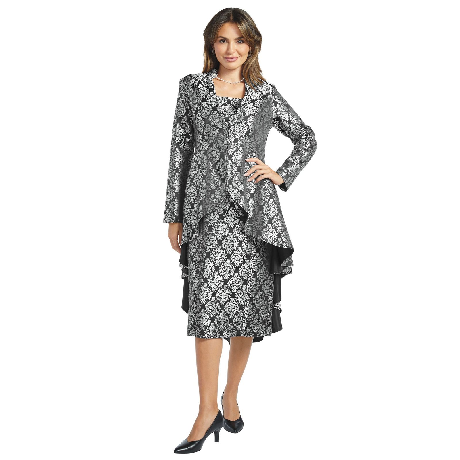 Masseys Jacquard High-Low Ruffle Jacket and Dress Suit Black Suits 2X
