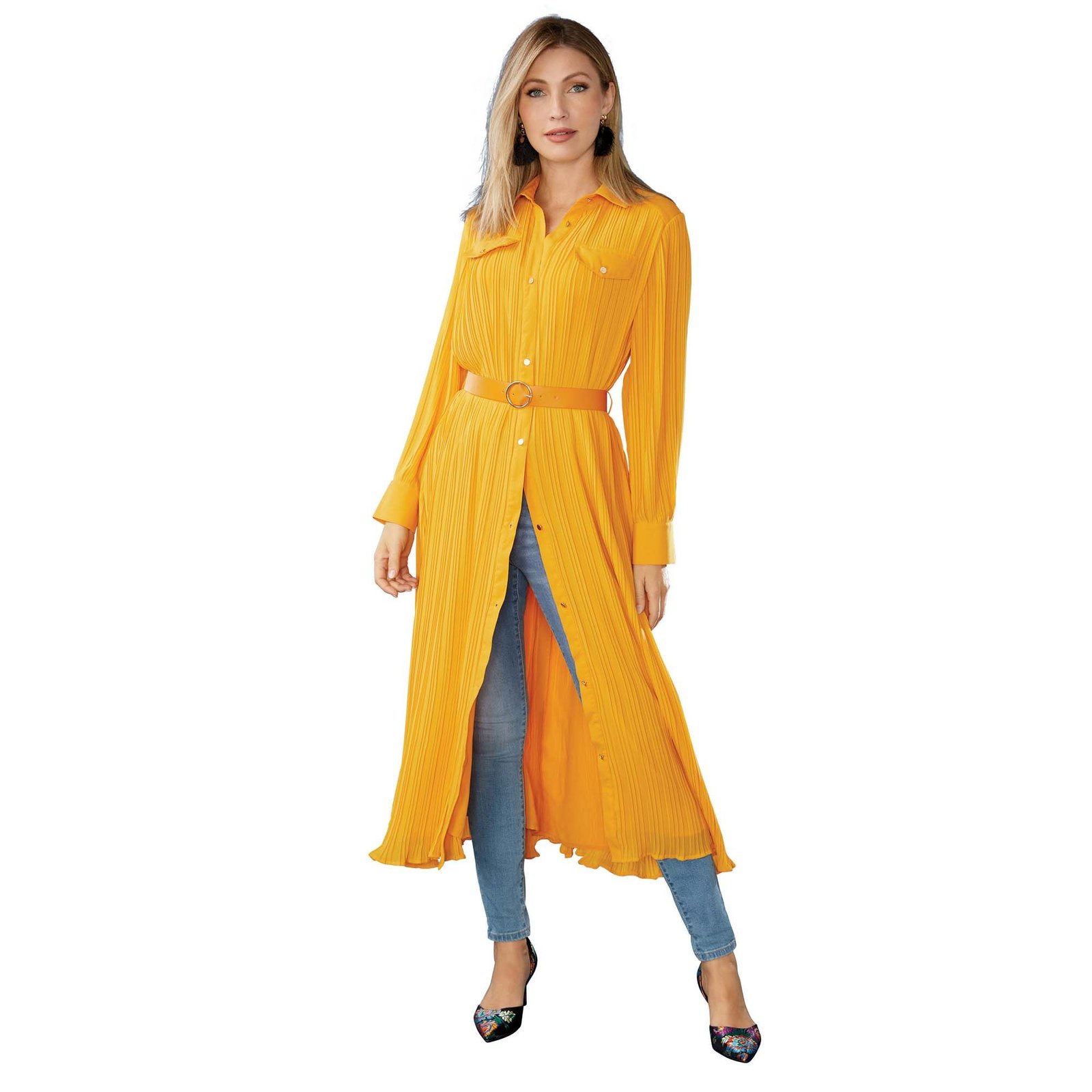Masseys Pleated Shirt Dress with Belt Yellow Dresses S