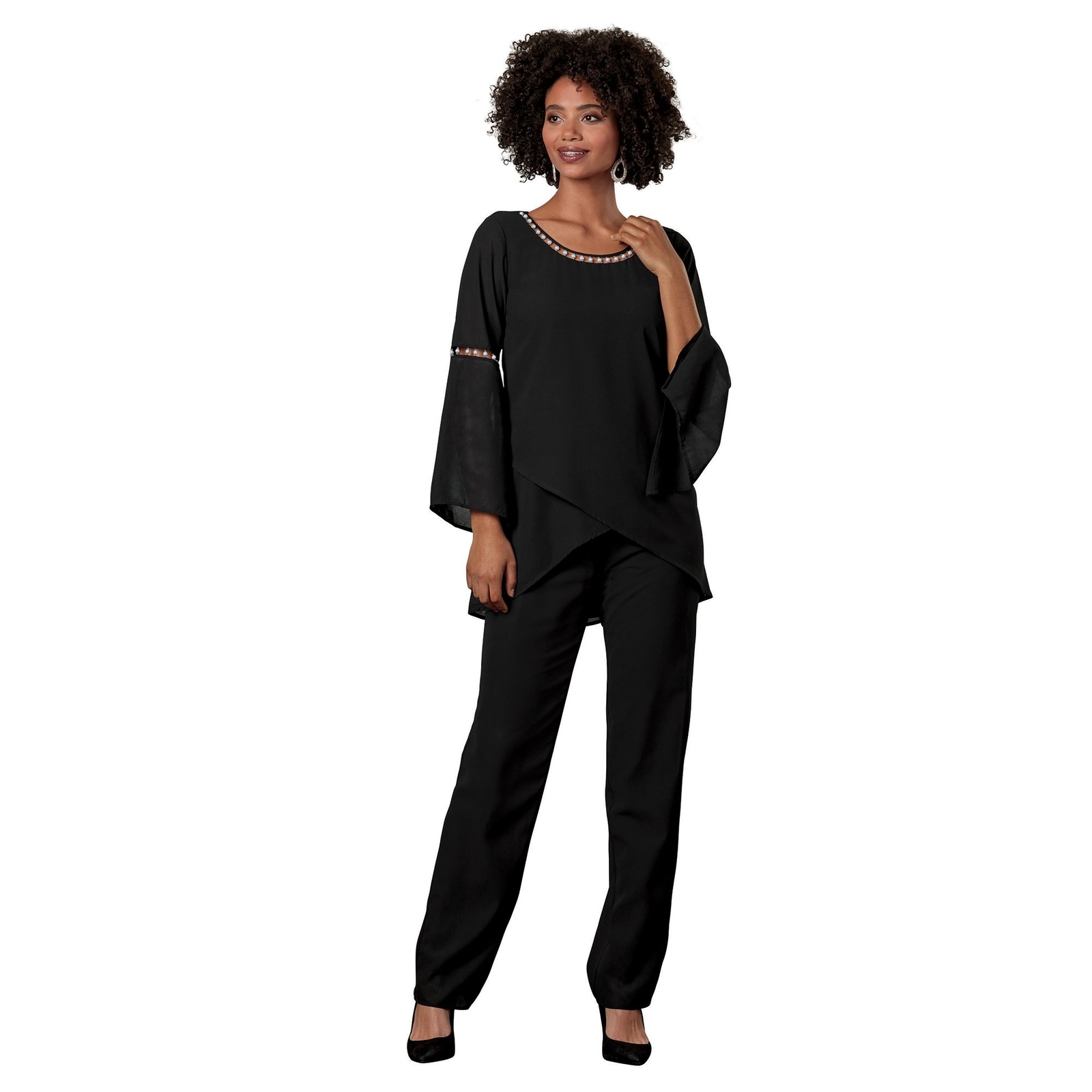 Masseys Pearl Embellished Sleeve Pant Set Black Sets L