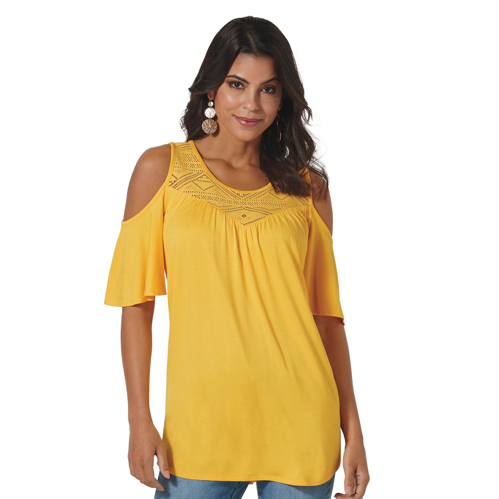 Masseys Crochet Cold Shoulder Top Yellow Knit Tops M