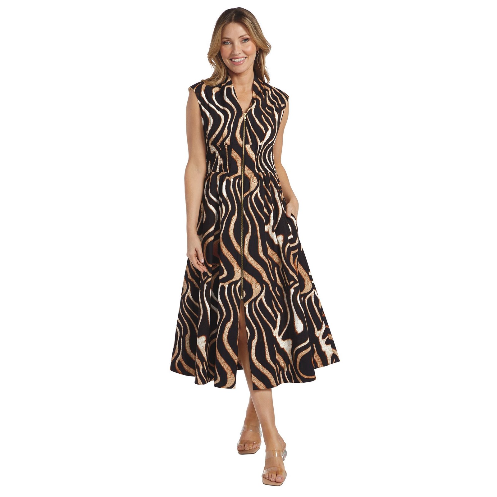 Masseys Zip-Front Cinch Waist Midi Dress Brown Dresses 5X