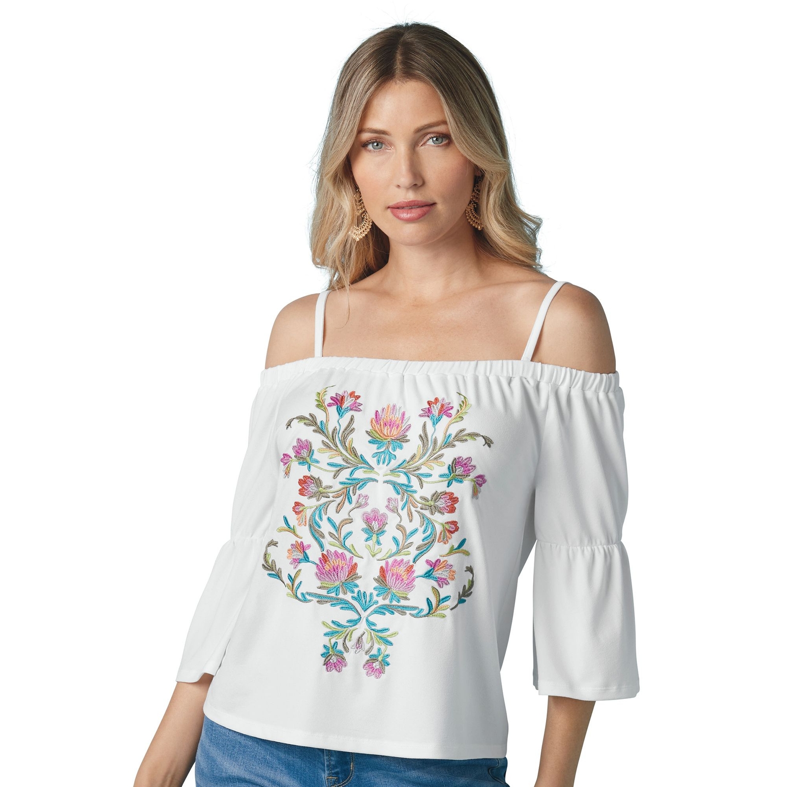 K. Jordan Embroidered Cold Shoulder Top White Knit Tops 1X
