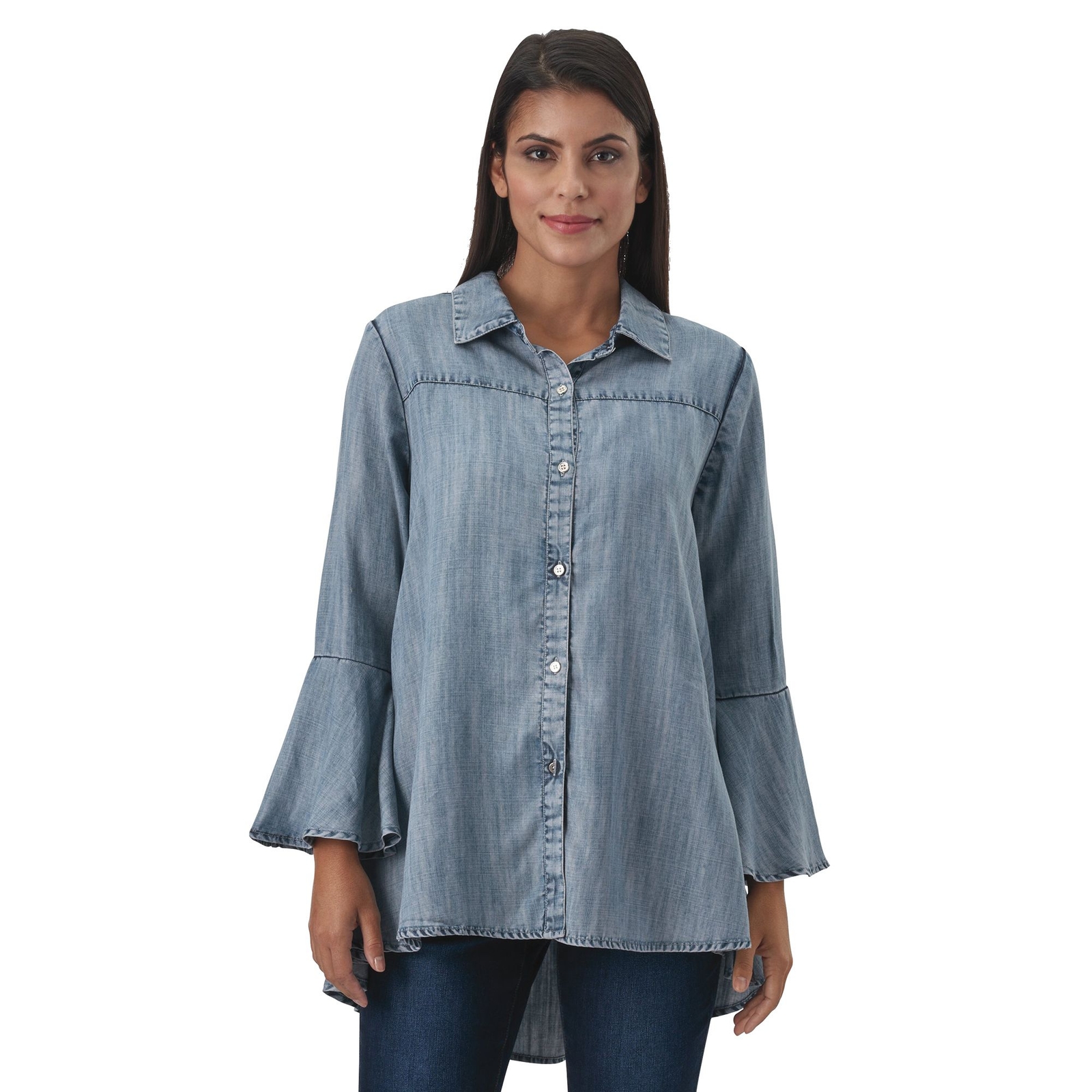 Masseys Bell-Sleeved Chambray Shirt Blue Shirts S
