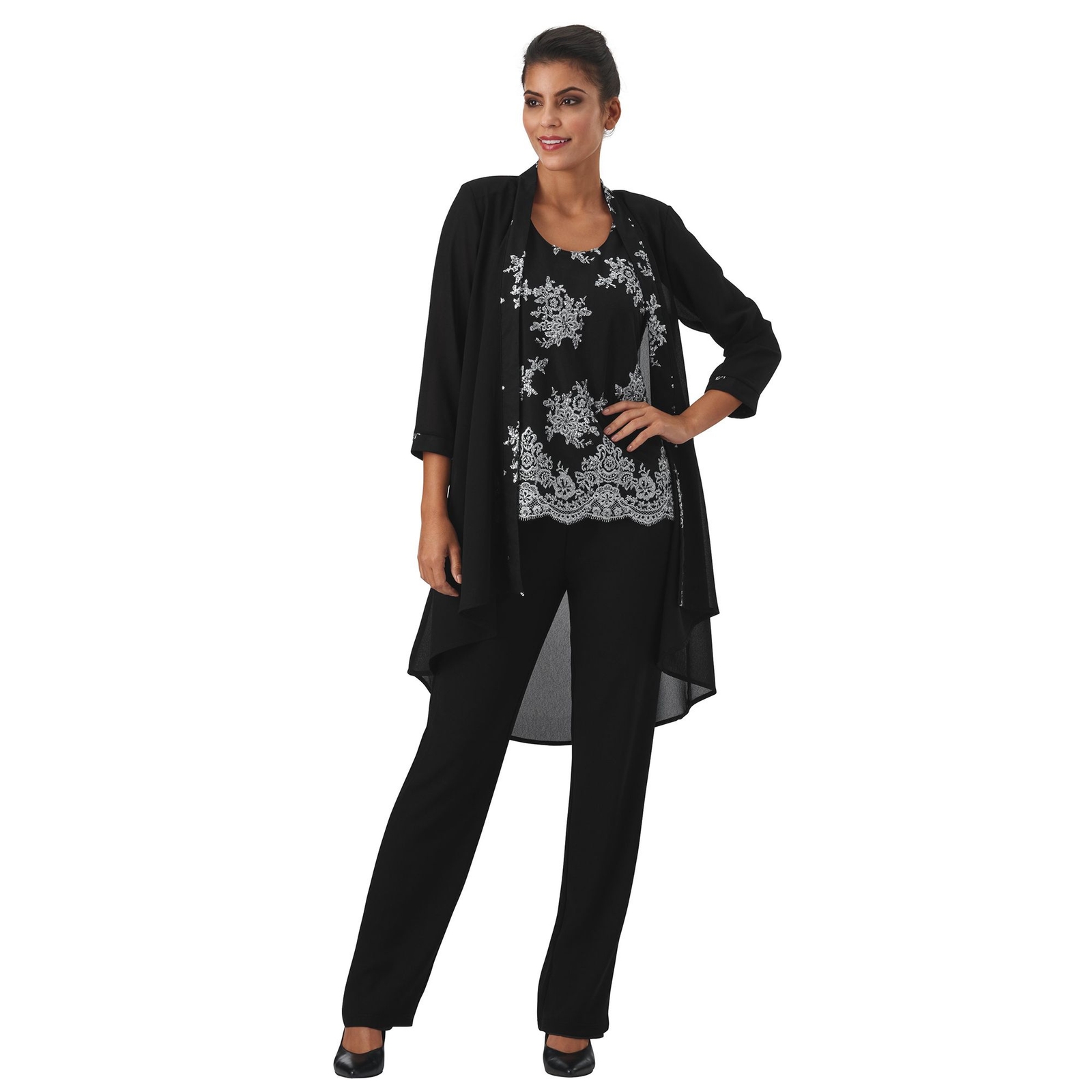 Masseys Sequin Embroidered 3-Piece Pant Set Black Sets S