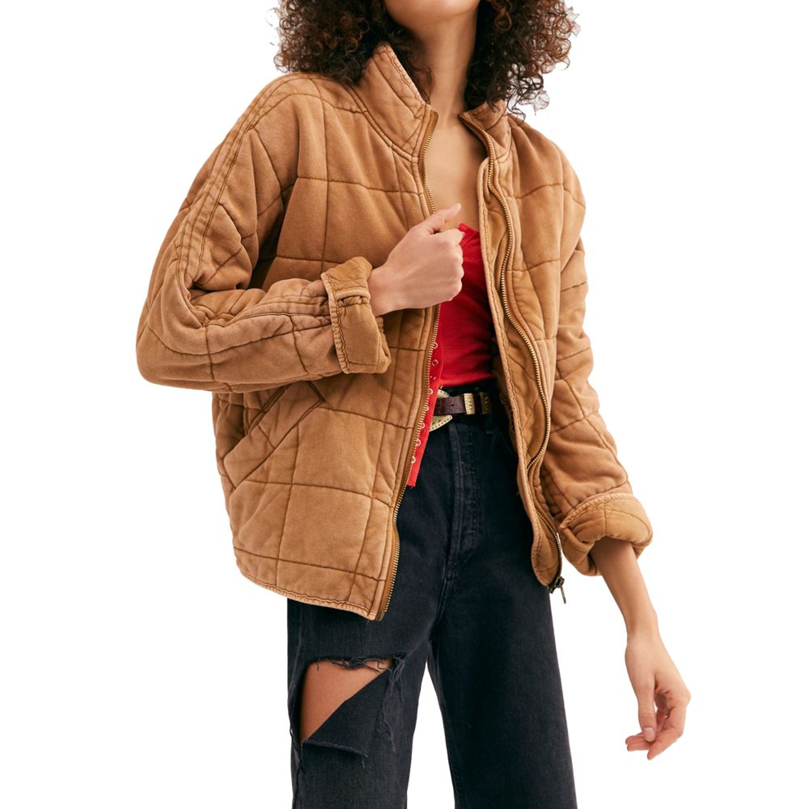 Free People Women's Dolman Quilted Knit Jacket Tan Jackets L
