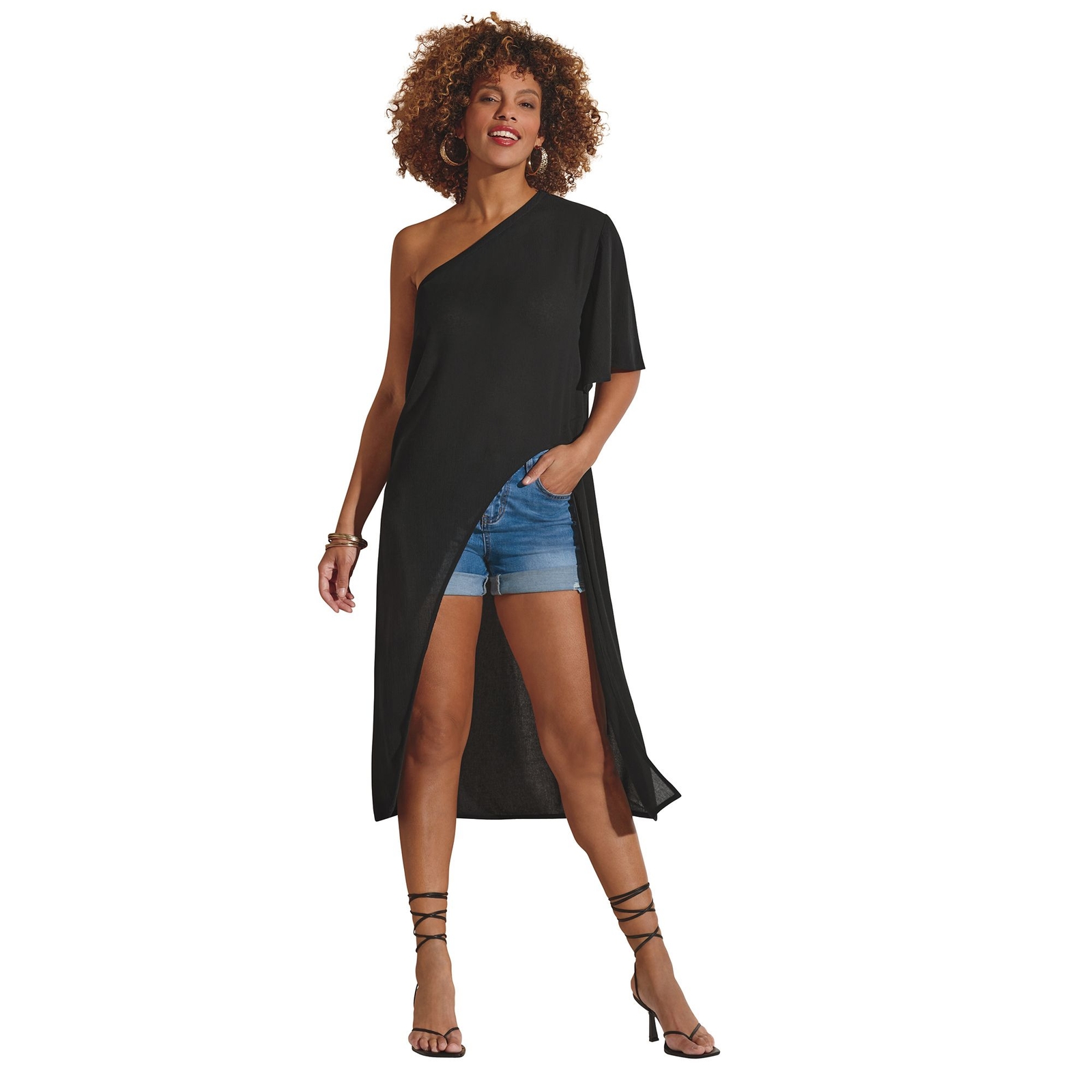 K. Jordan One-Shoulder Asymmetric Tunic Black Shirts S
