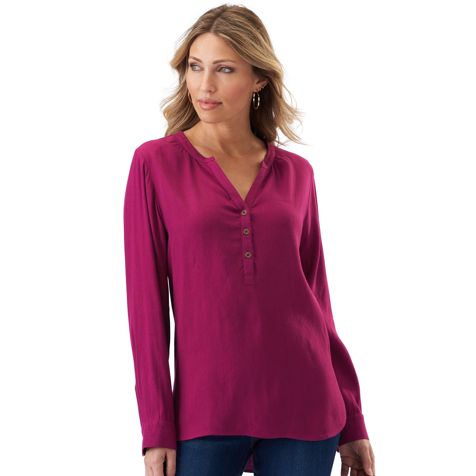Masseys Button-Front Peasant Top Burgundy Shirts S