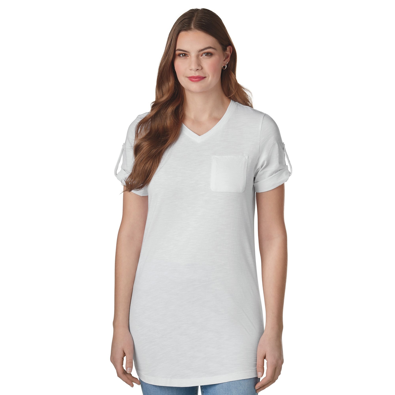 Masseys Rolled-Sleeve Tunic White Knit Tops S