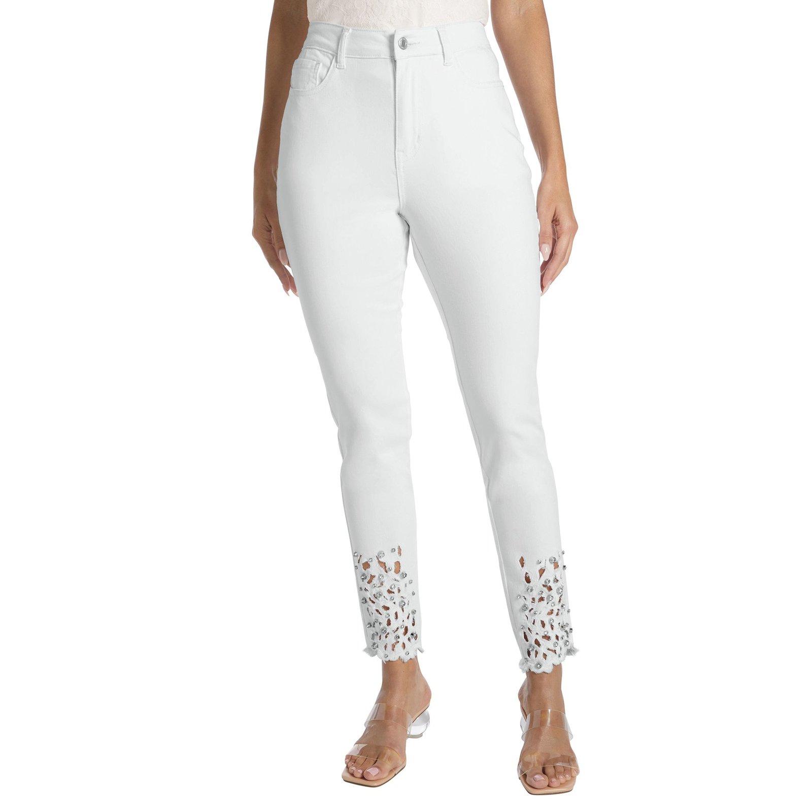 Masseys Cutout Rhinestone Skinny Jean White Pants 22W