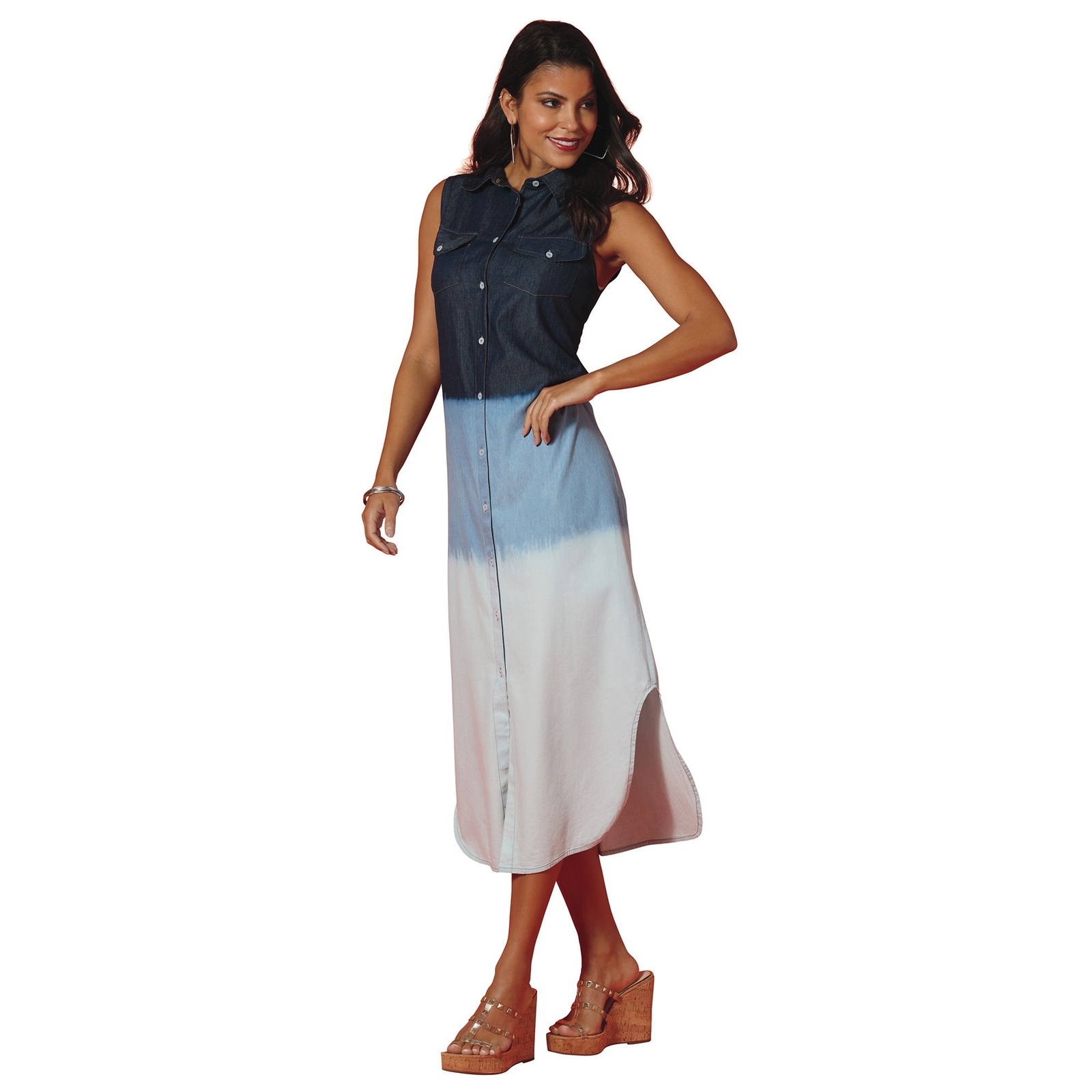 Masseys Denim Curved Hem Dress Multi Blue Dresses S