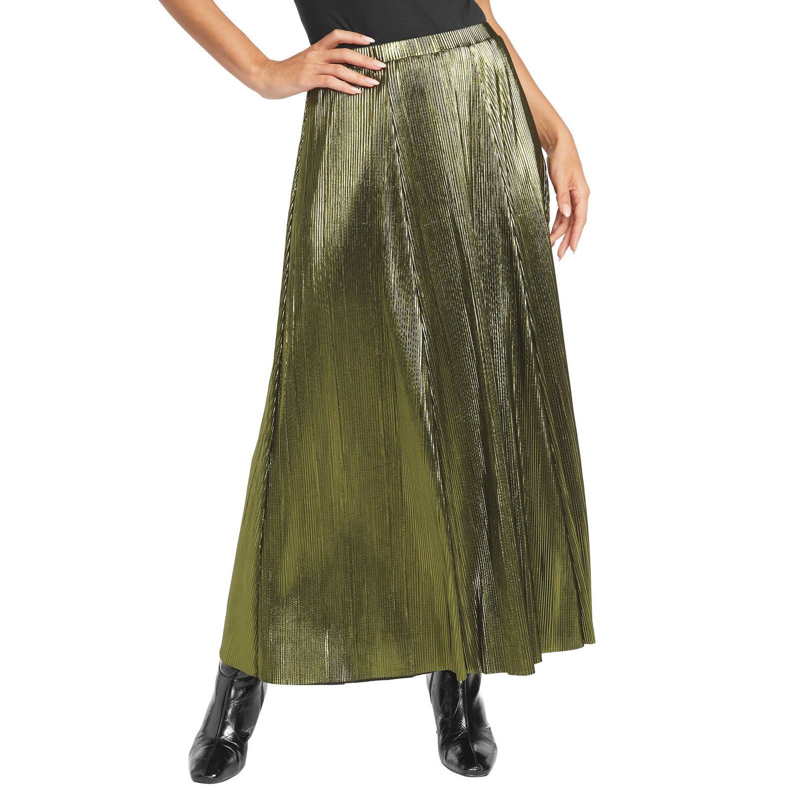 Masseys Metallic Pleated Midi Skirt Green Metallic Skirts L
