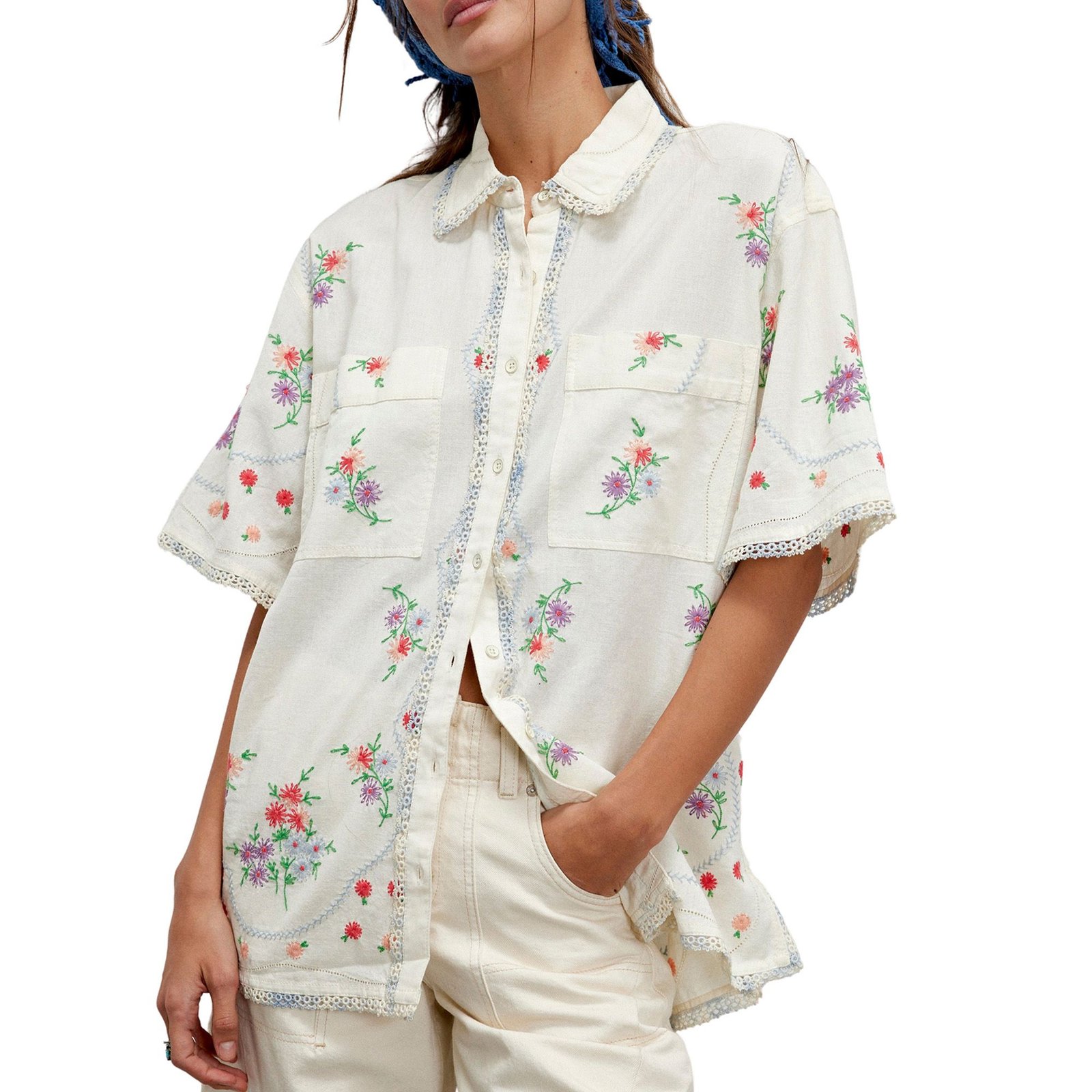 Free People Women's Emma Embroidered Top Multi Shirts