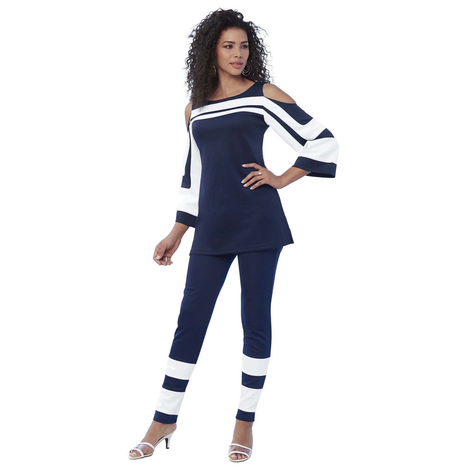 Masseys Cold Shoulder Colorblock Top and Pant Set Navy Sets 1X