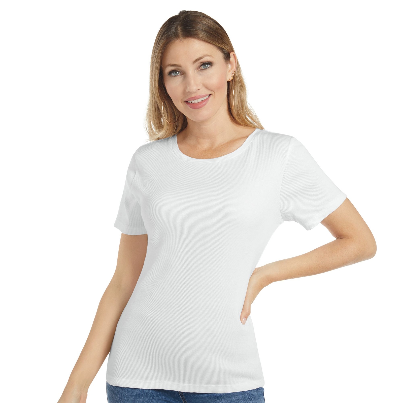 Masseys Essential Ribbed Crew Neck Tee White Knit Tops S
