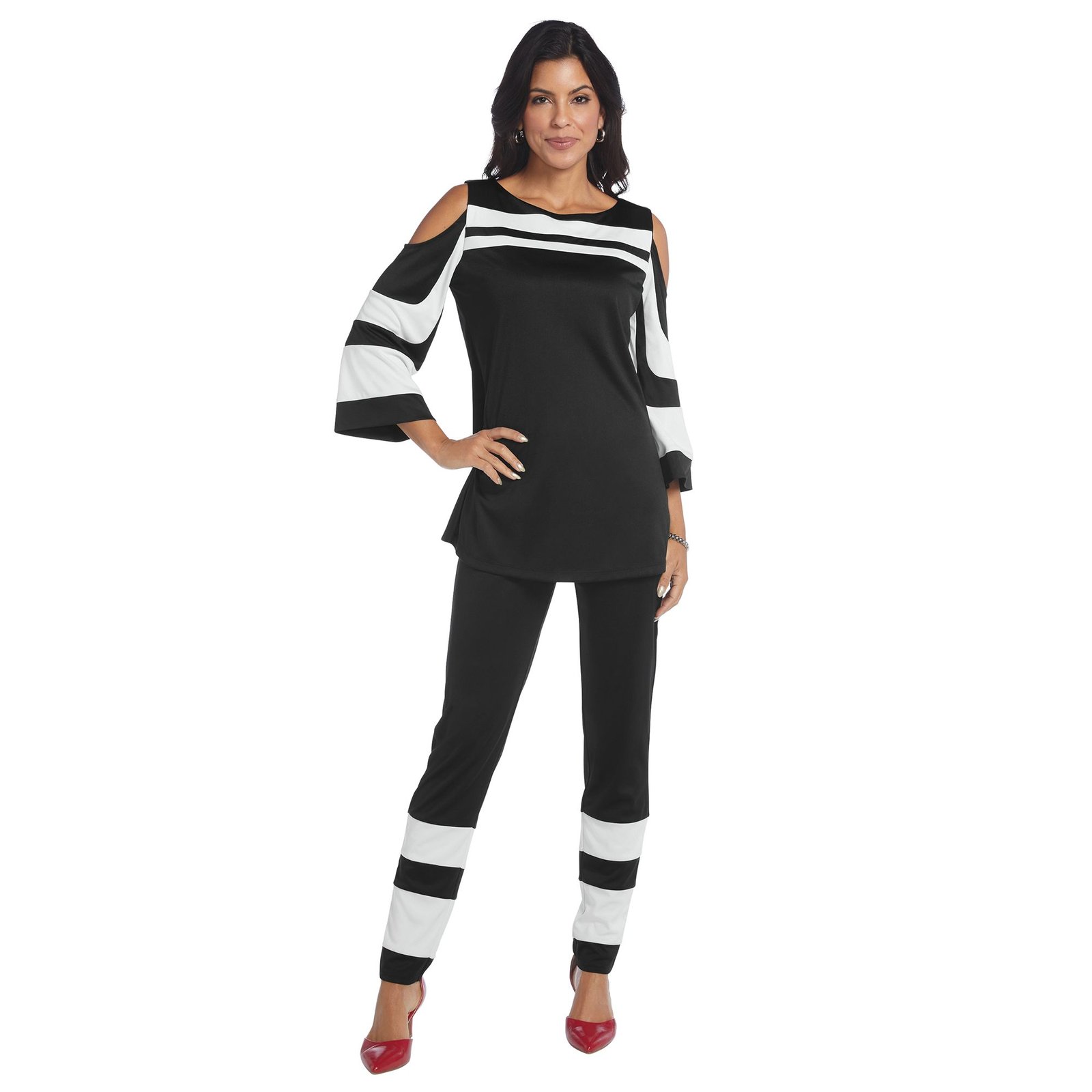 Masseys Cold Shoulder Colorblock Top and Pant Set Black Sets
