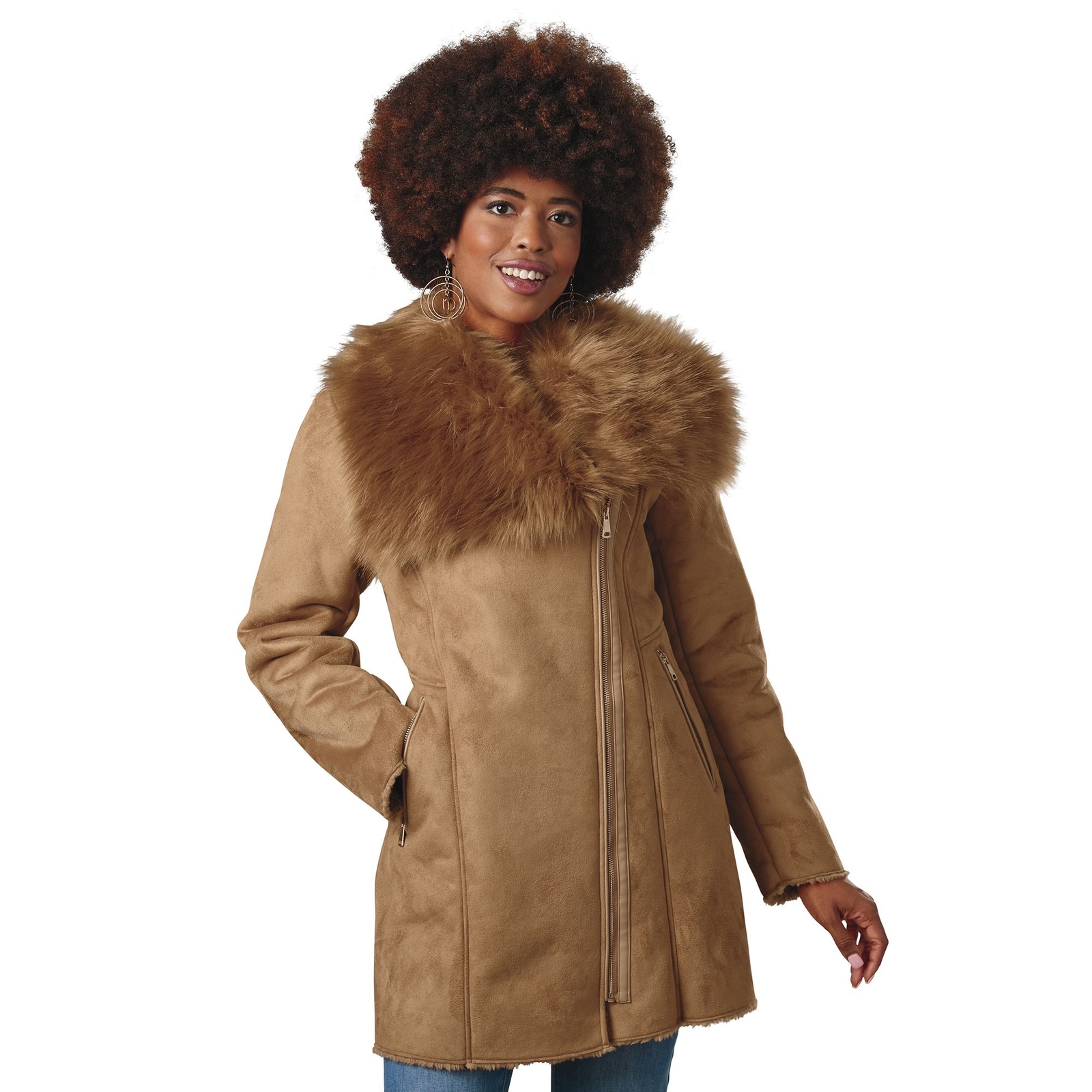 Masseys Faux Suede Fur Trim Jacket Brown Coats S