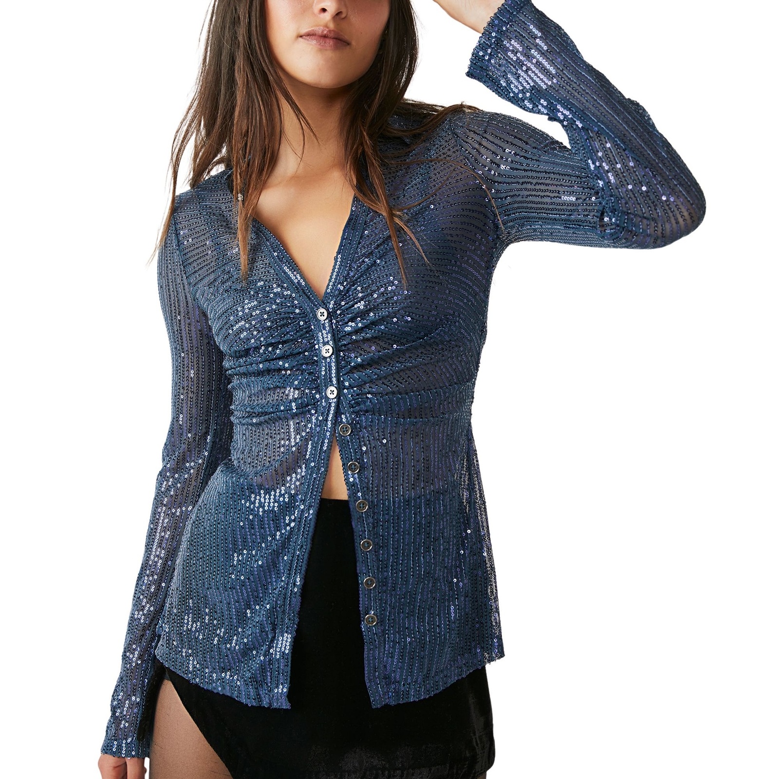 Free People Women's Sequin Shirtee Navy Shirts S