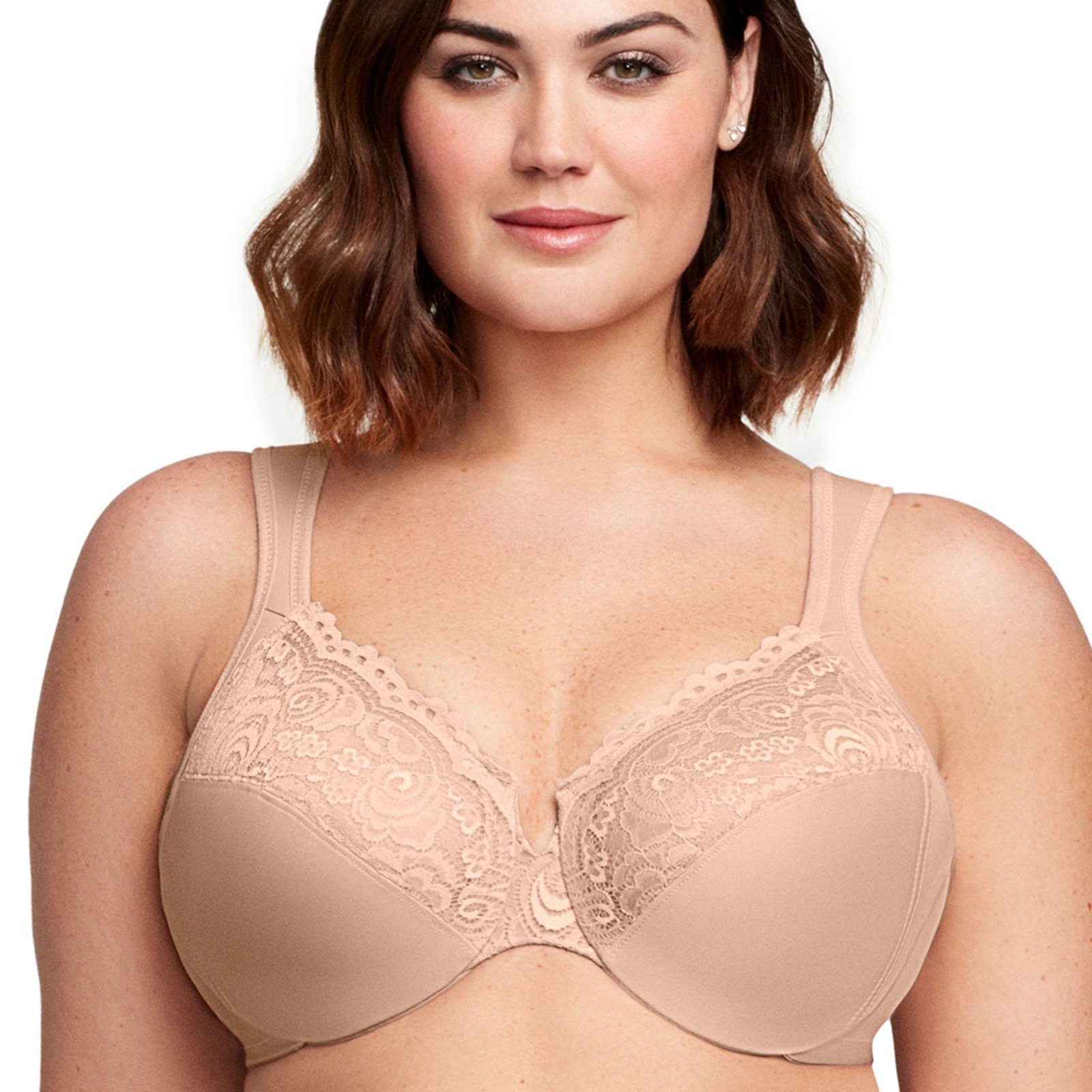 Glamorise Low Cut Wonderwire Back Close Lace Bra Tan Bras 36-C
