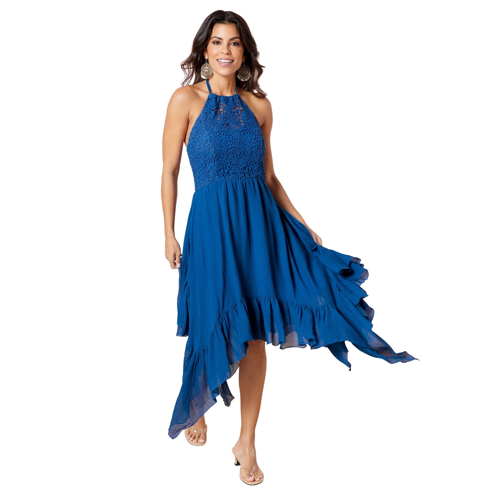 K. Jordan Crochet Bodice Handkerchief Dress Blue Dresses M