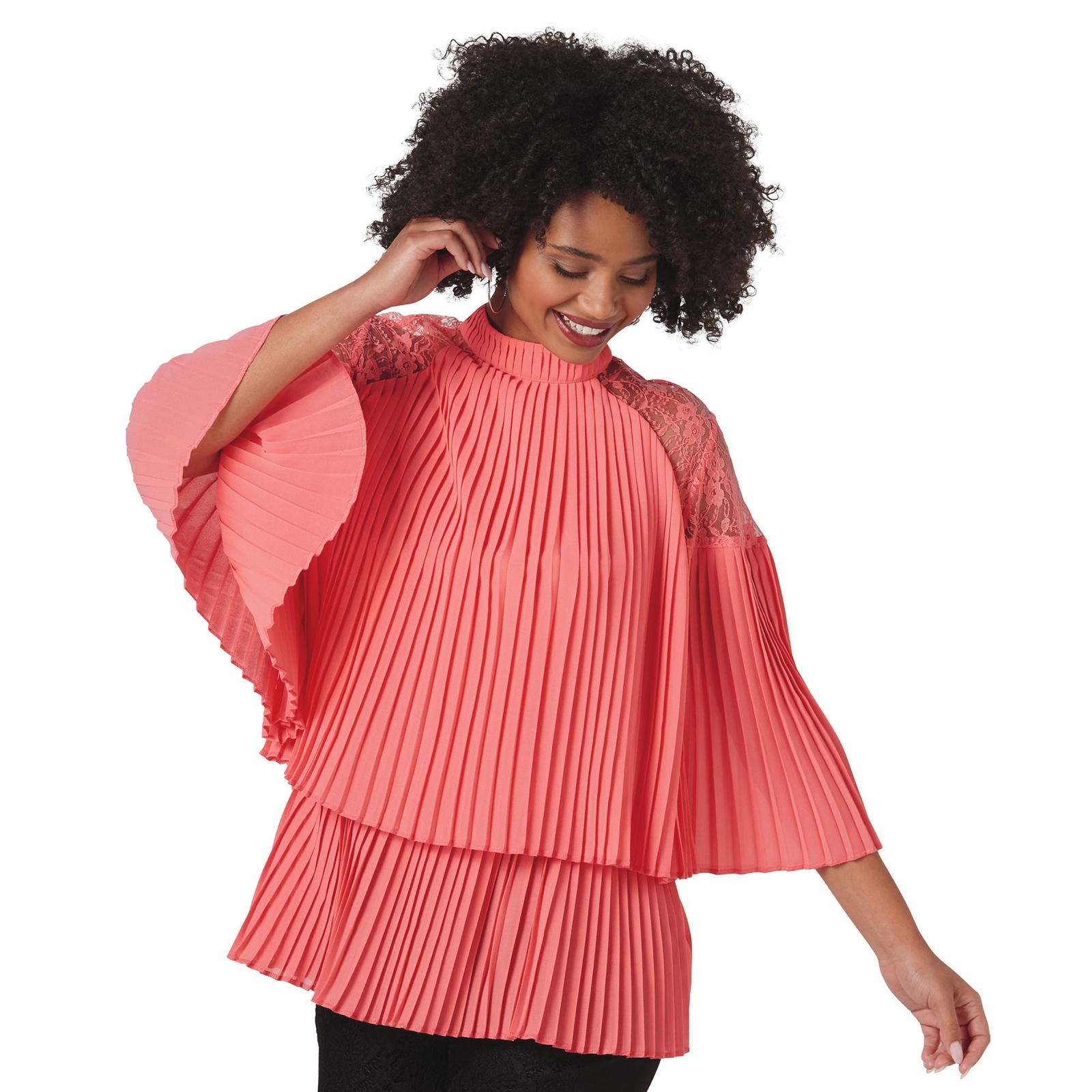 Masseys Lace Inset Pleated Blouse Orange Shirts 1X