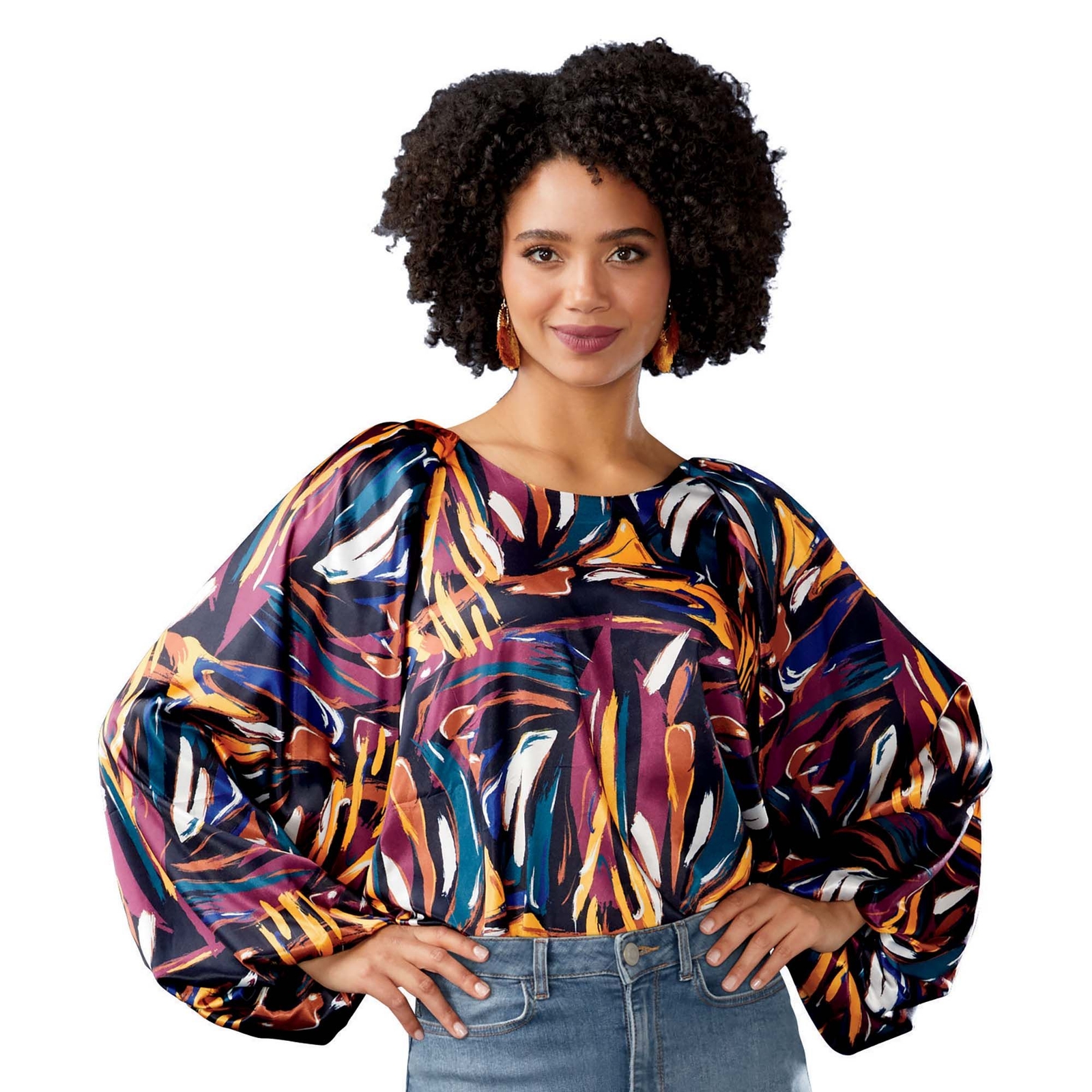 Masseys Satin Statement Sleeve Blouse Multi Shirts L