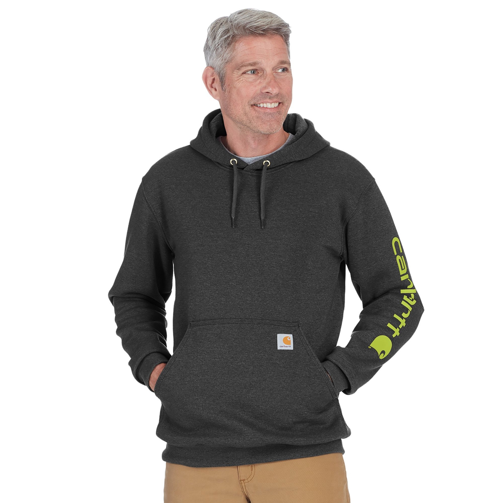 Carhartt Men's Midweight Signature Sleeve Logo Hooded Sweatshirt Grey Knit Tops XL