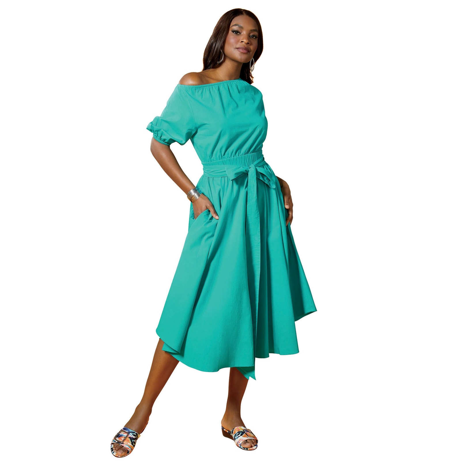 Masseys Off-Shoulder Tie-Waist Dress Blue Dresses S