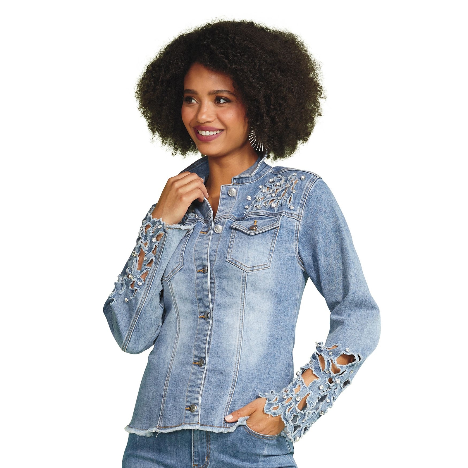 Masseys Cutout Rhinestone Denim Jacket Blue Jackets 5X