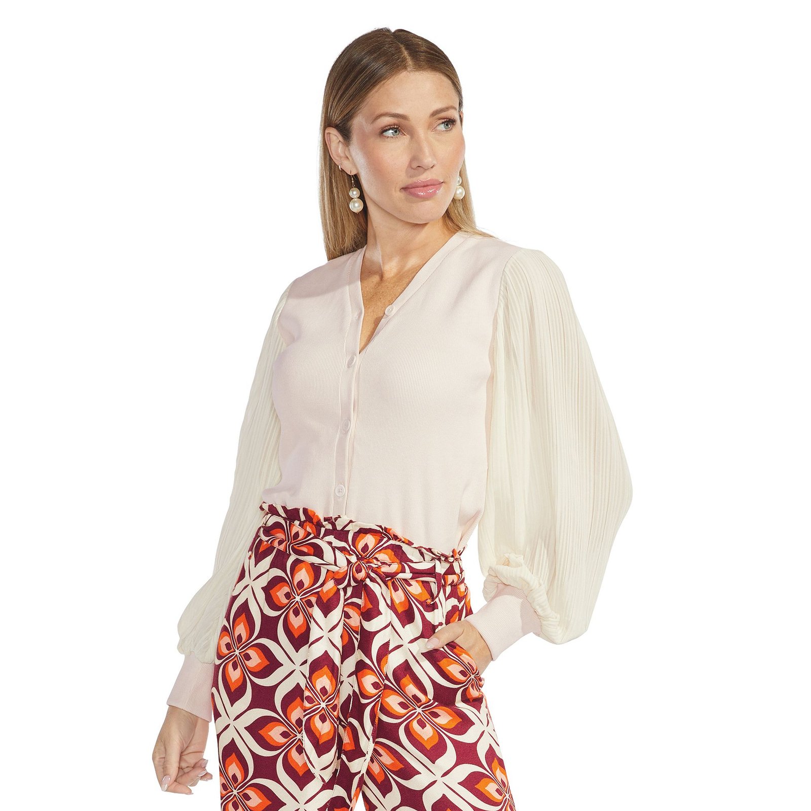 Masseys Button Up Chiffon Sleeve Cardigan White Knit Tops 5X