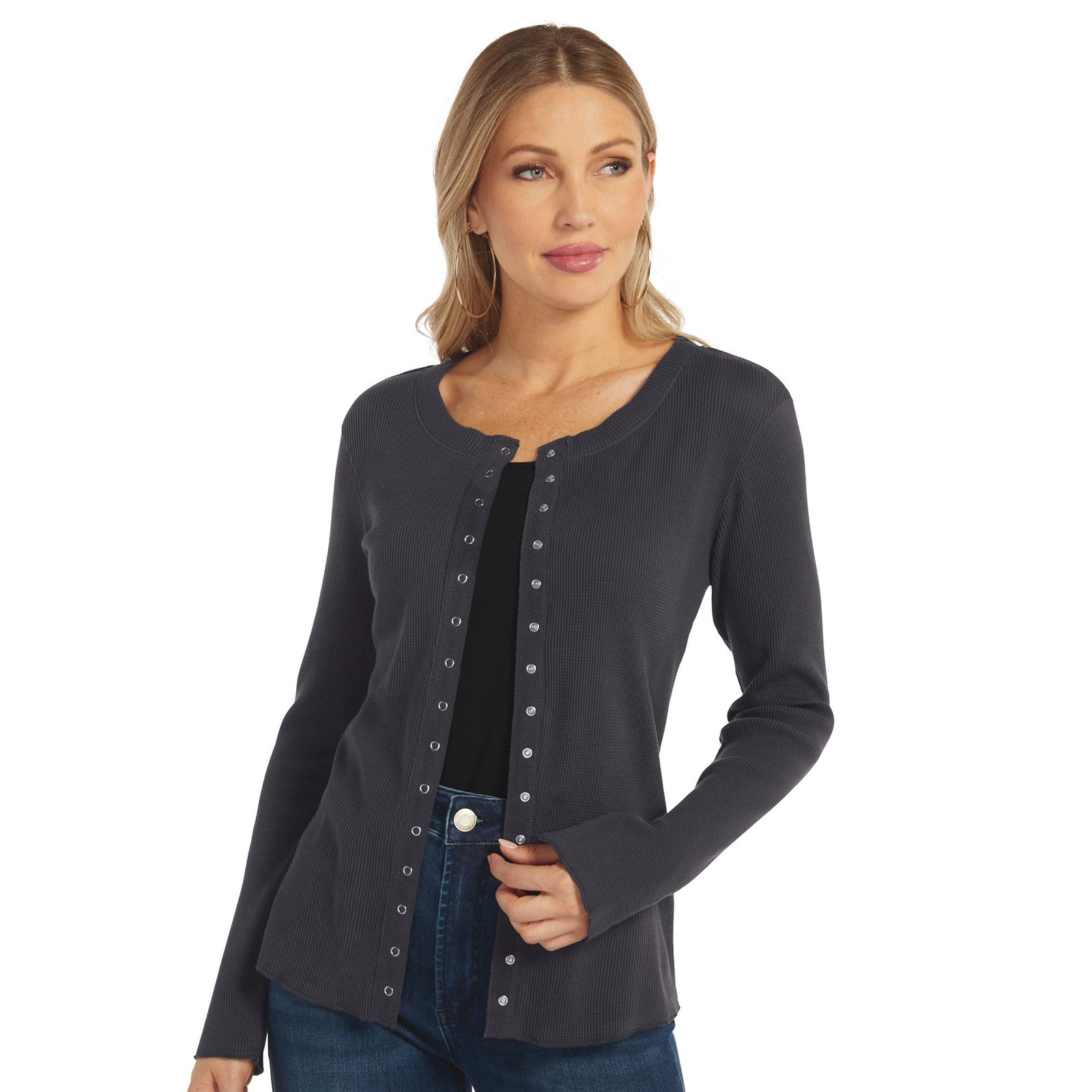 Masseys Snap-Front Cardigan Grey Knit Tops